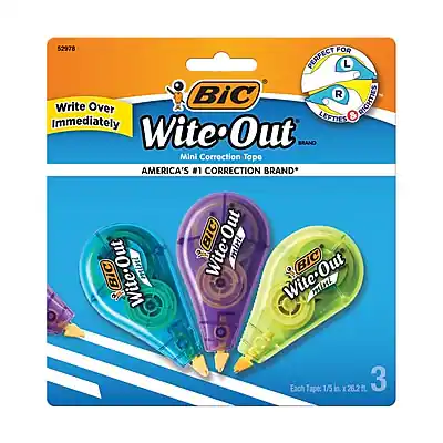 52978
BIC Wite-Out Mini Correction Tape
Write Over Immediately
Perfect for Lefties & Righties
America's #1 Correction Brand*
Each Tape: 1/5 in. x 26.2 in.
3