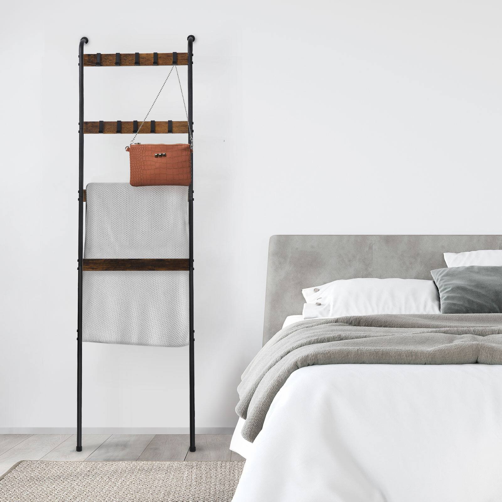 Alt View 1. Oumilen - Industrial Ladder Towel Rack with Hooks, 5-Tier Rustic Wood and Metal Blanket Display Stand for Bathroom Living Room - Brown.