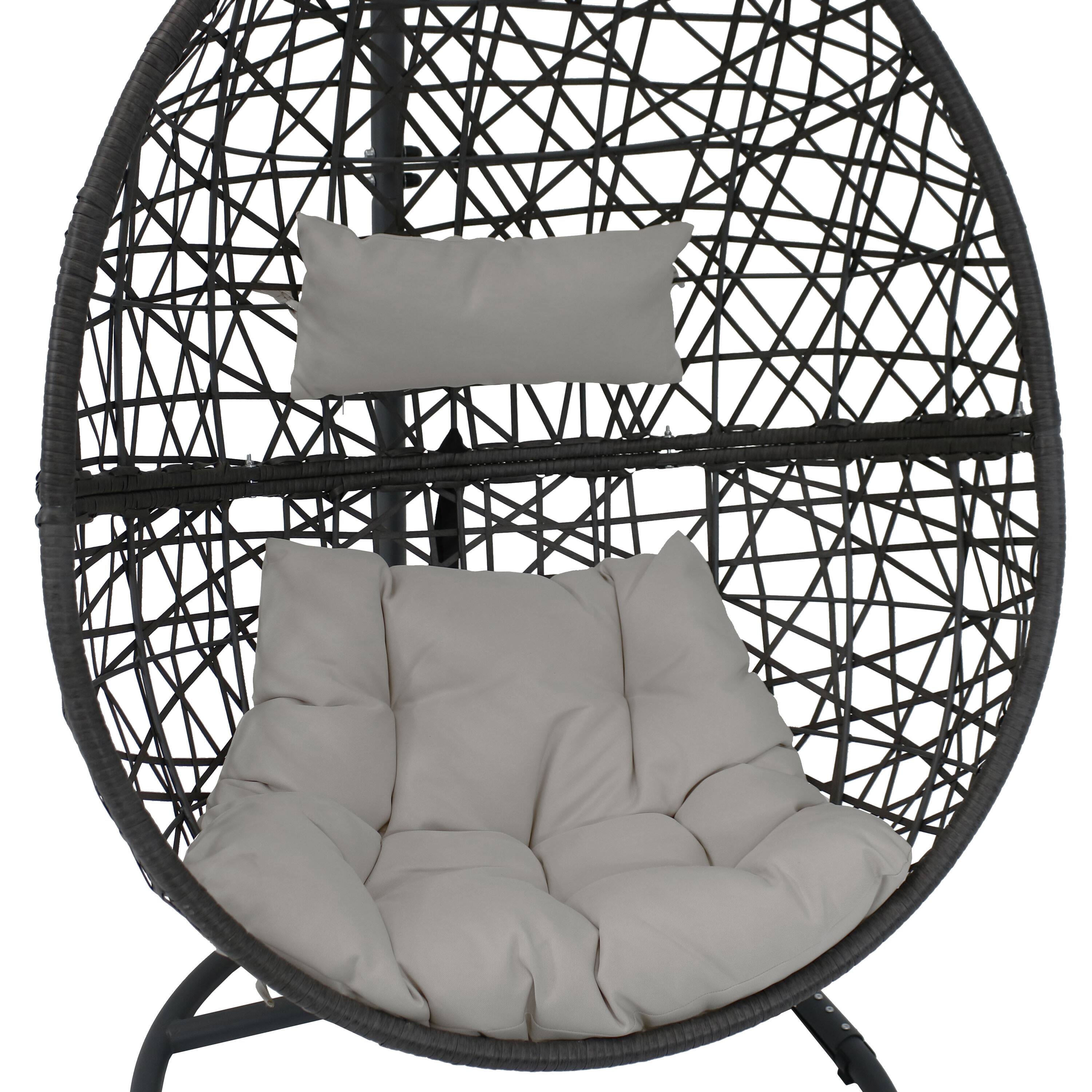 Alt View 5. Sunnydaze - Resin Wicker Hanging Egg Chair with Steel Stand/Cushions - Gray Cushions.