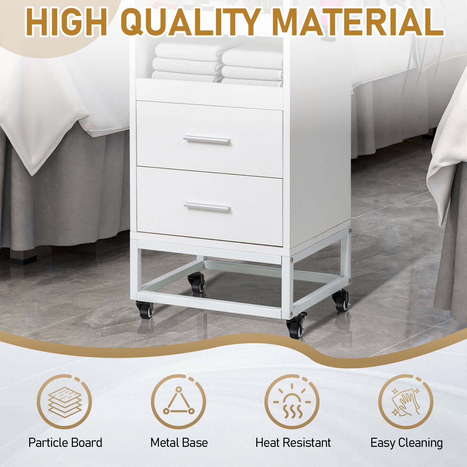 HIGH QUALITY MATERIAL

- Particle Board
- Metal Base
- Heat Resistant
- Easy Cleaning