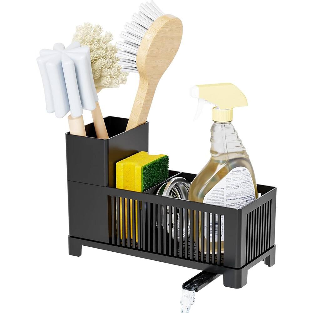 Front. PARKER SLATER - Sink Caddy & Sponge Holder – High Brush Holder, Multifunctional Drain Rack, Black.