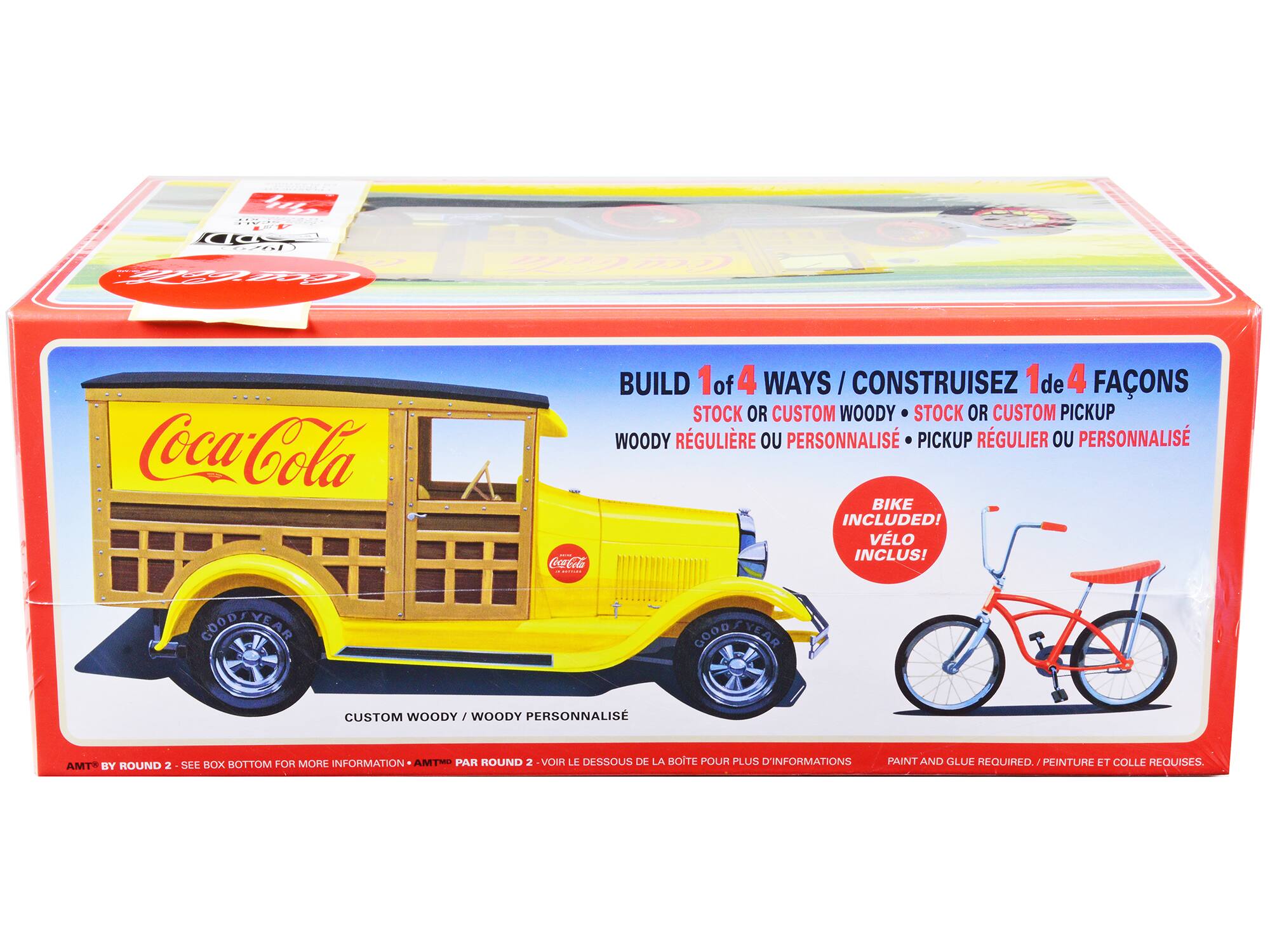Sure, here is the corrected and grouped text from the image:

---

**Coca-Cola**

**BUILD 1 of 4 WAYS / CONSTRUISEZ 1 de 4 FACONS**

**STOCK OR CUSTOM WOODY / WOODY RÉGULIERE OU PERSONNALISÉ**

**STOCK OR CUSTOM PICKUP / PICKUP RÉGULIER OU PERSONNALISÉ**

**BIKE INCLUDED! / VÉLO INCLUS!**

**CUSTOM WOODY / WOODY PERSONNALISÉ**

**AMT BY ROUND 2 - SEE BOX BOTTOM FOR MORE INFORMATION / AMT PAR ROUND 2 - VOIR LE DESSOUS DE LA BOÎTE POUR PLUS D'INFORMATIONS**

**PAINT AND GLUE REQUIRED. / PEINTURE ET COLLE REQUISES.**

---

This text is organized to reflect the information on the packaging accurately.