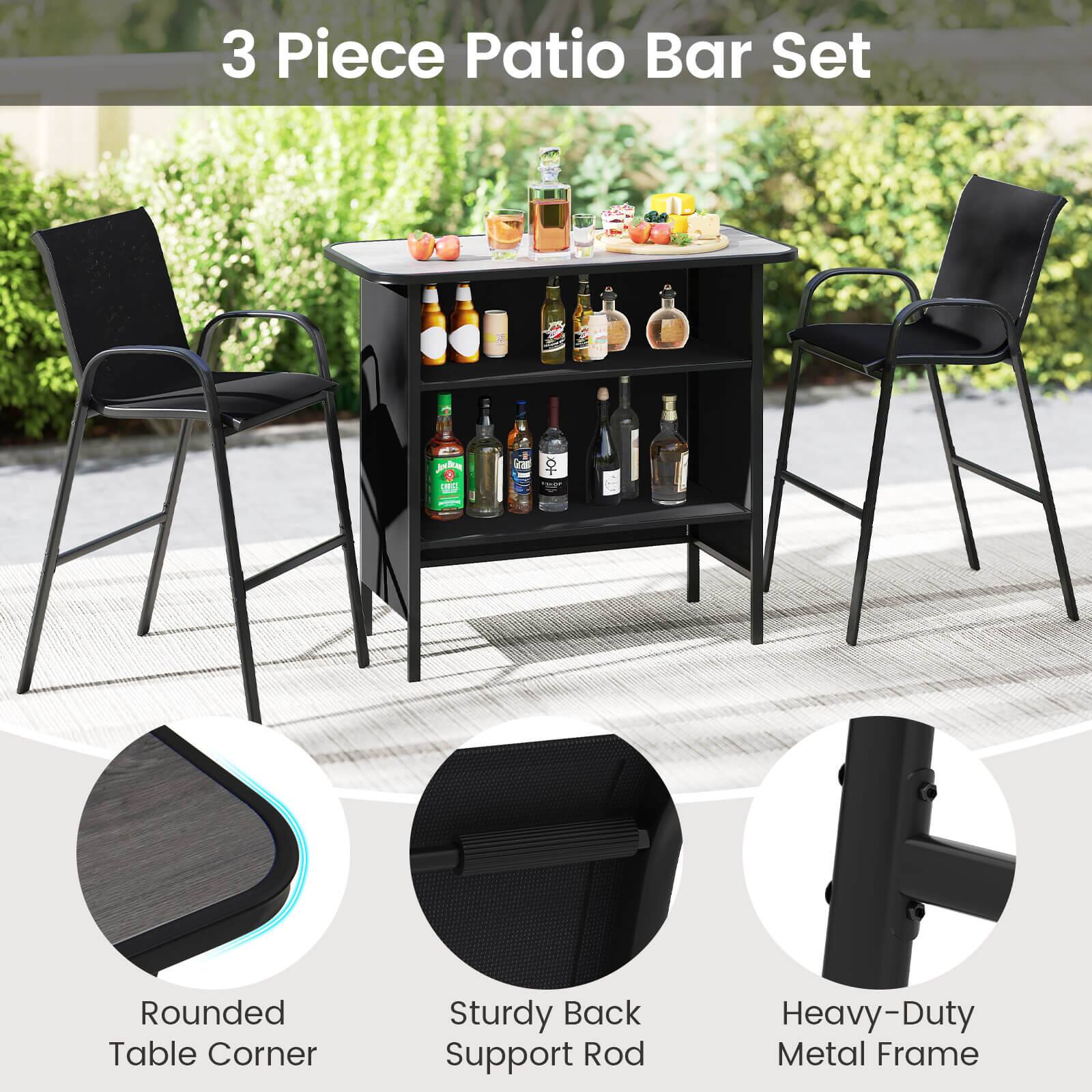 3 Piece Patio Bar Set, Rounded Table Corner, Sturdy Back Support Rod, Heavy-Duty Metal Frame
