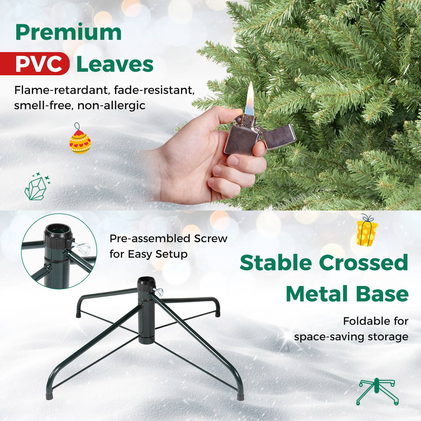 Premium PVC Leaves  
Flame-retardant, fade-resistant, smell-free, non-allergic  

Pre-assembled Screw for Easy Setup  

Stable Crossed Metal Base  
Foldable for space-saving storage