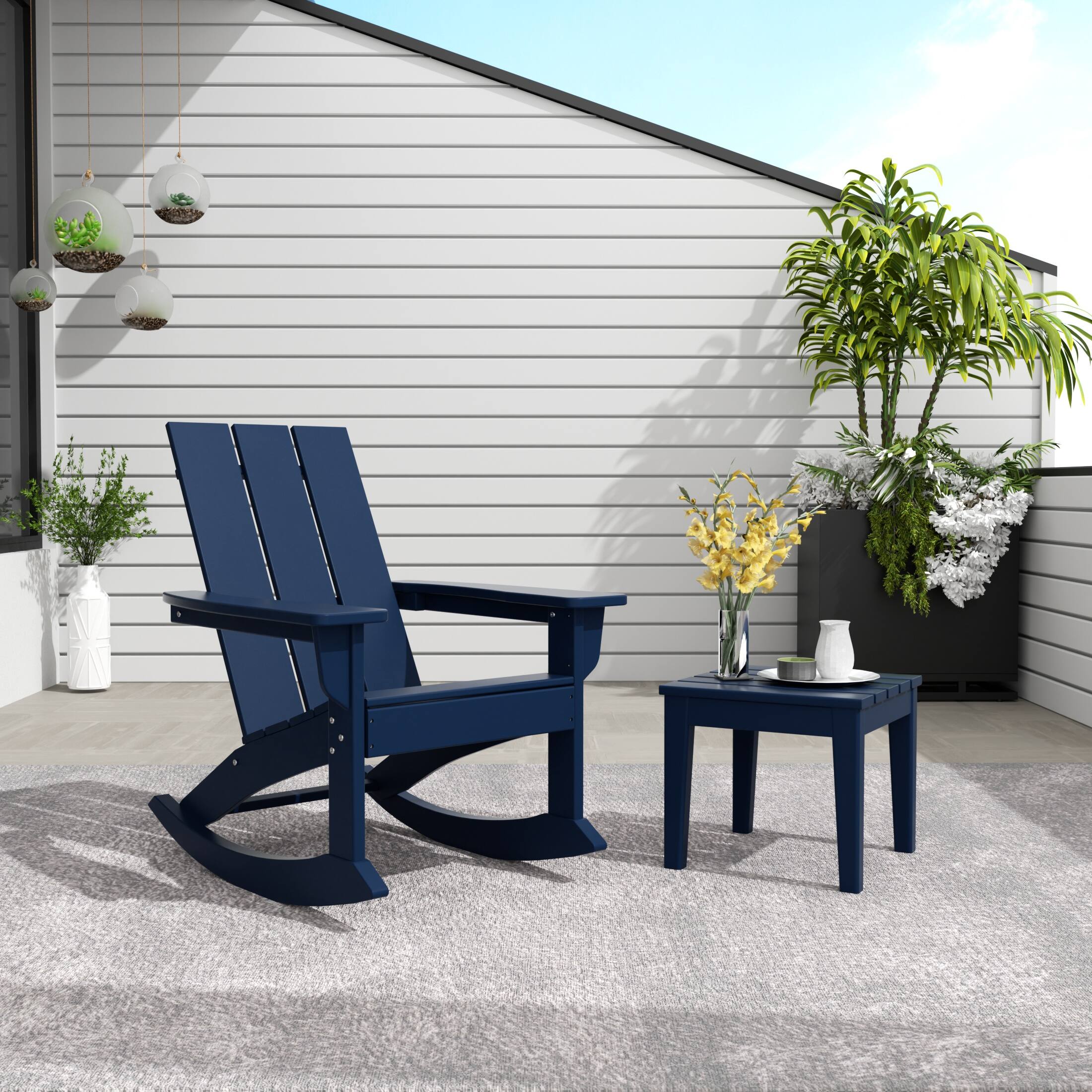 Angle. WestinTrends - WestinTrends Ashore 2-Pieces Set Modern Plastic Outdoor Rocking Chair with Square Side Table - Navy Blue.