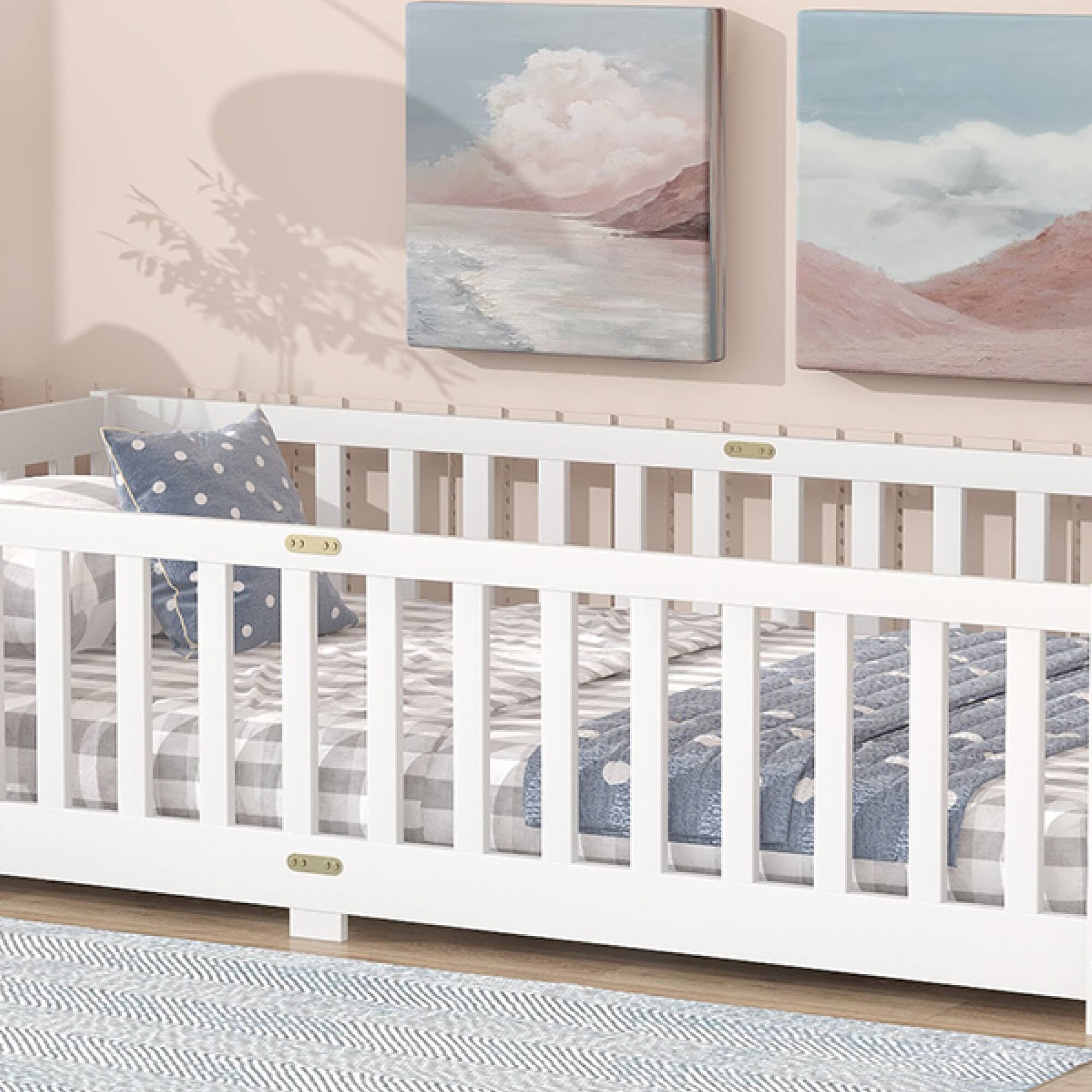 Alt View 8. GOODSILO - Twin Size Floor Bed with Safety Fence and Door for Kids, Sturdy Rubber Wood Construction - White.