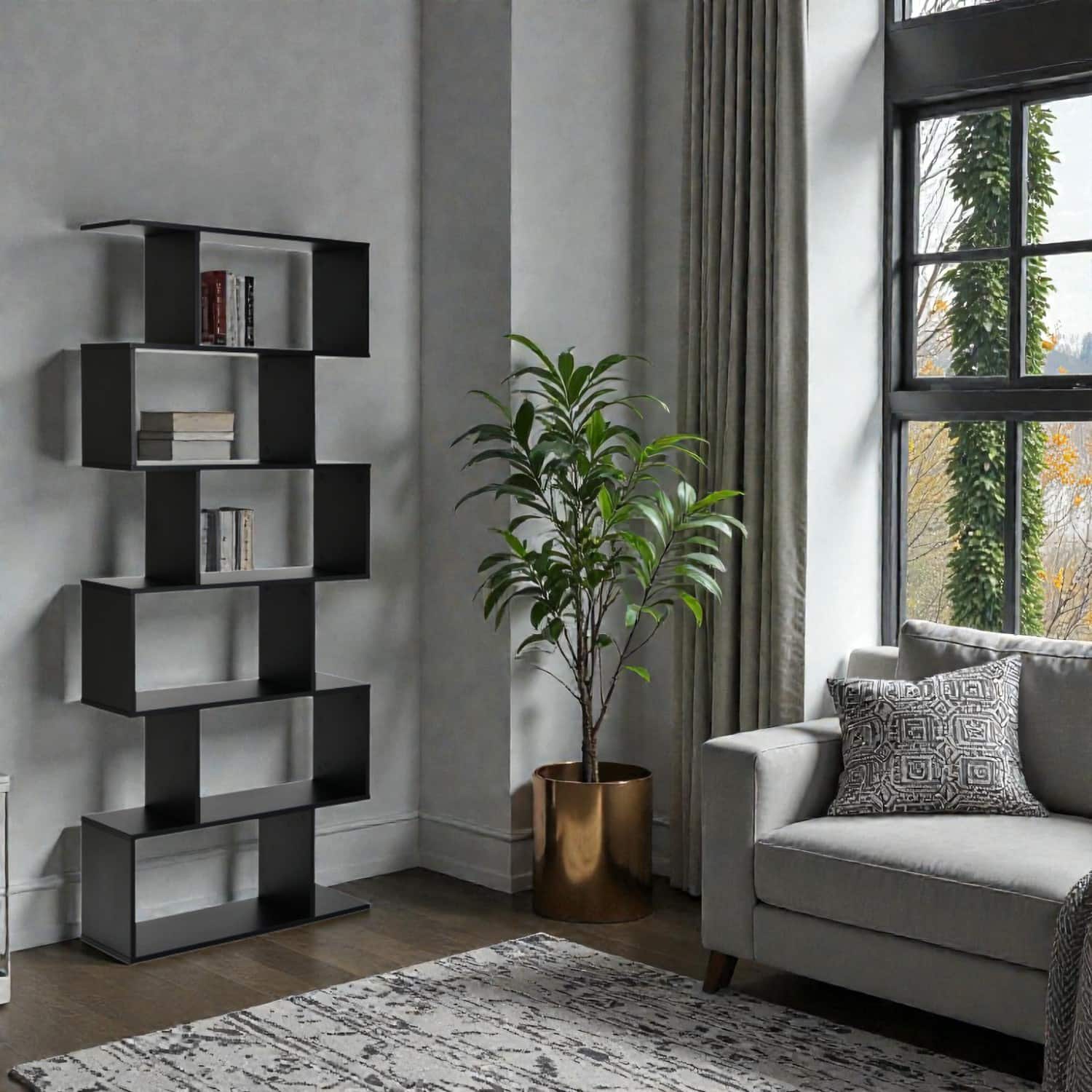 Hivvago - Tall 6-Layer Zigzag Book Shelf Display Unit for Home Decor - Black