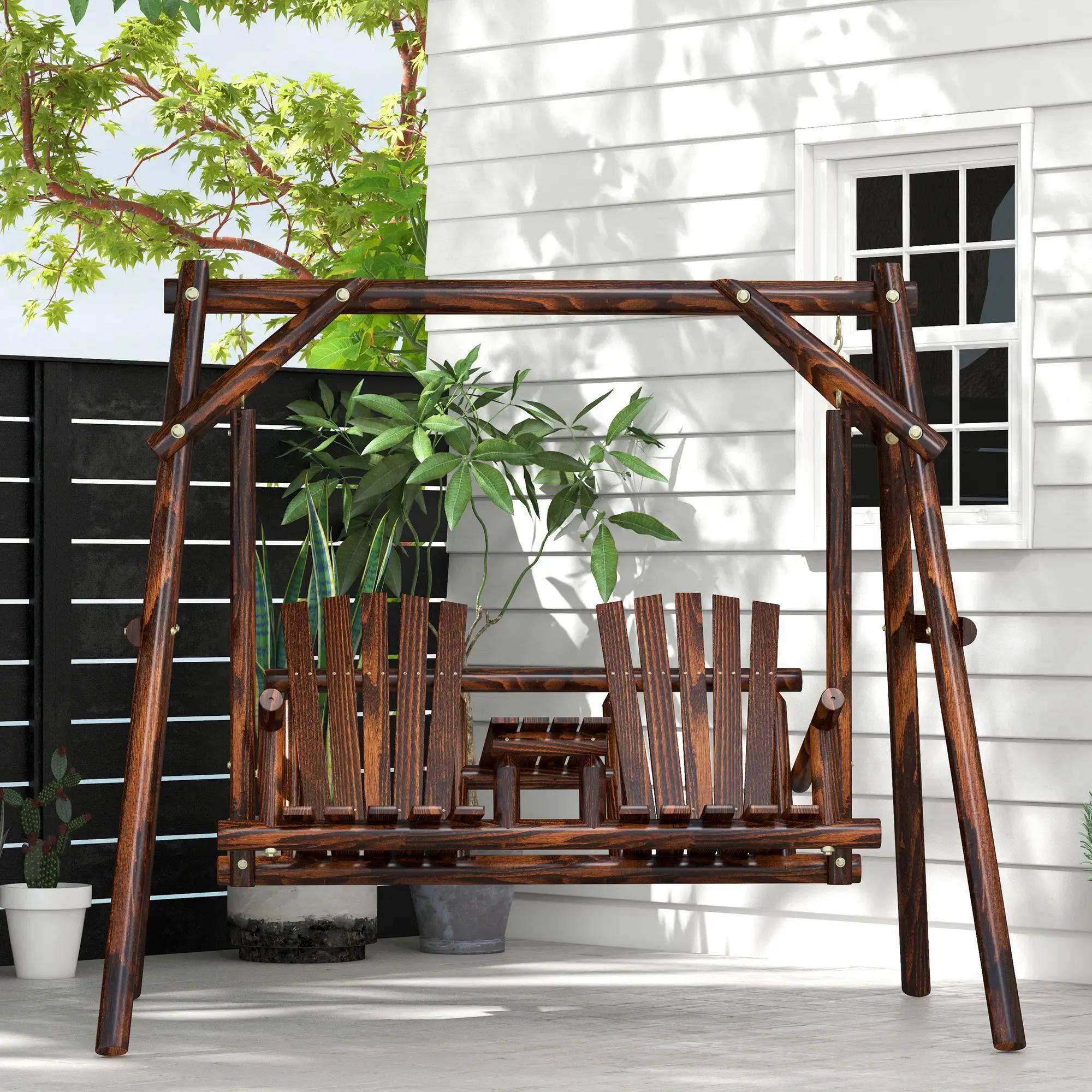 Alt View 2. Resenkos - Resenkos 2-Seat Swing Chair With Table, Wooden Porch Swing Stand, Garden Poolside Backyard Relaxation, Carbonized Wood.