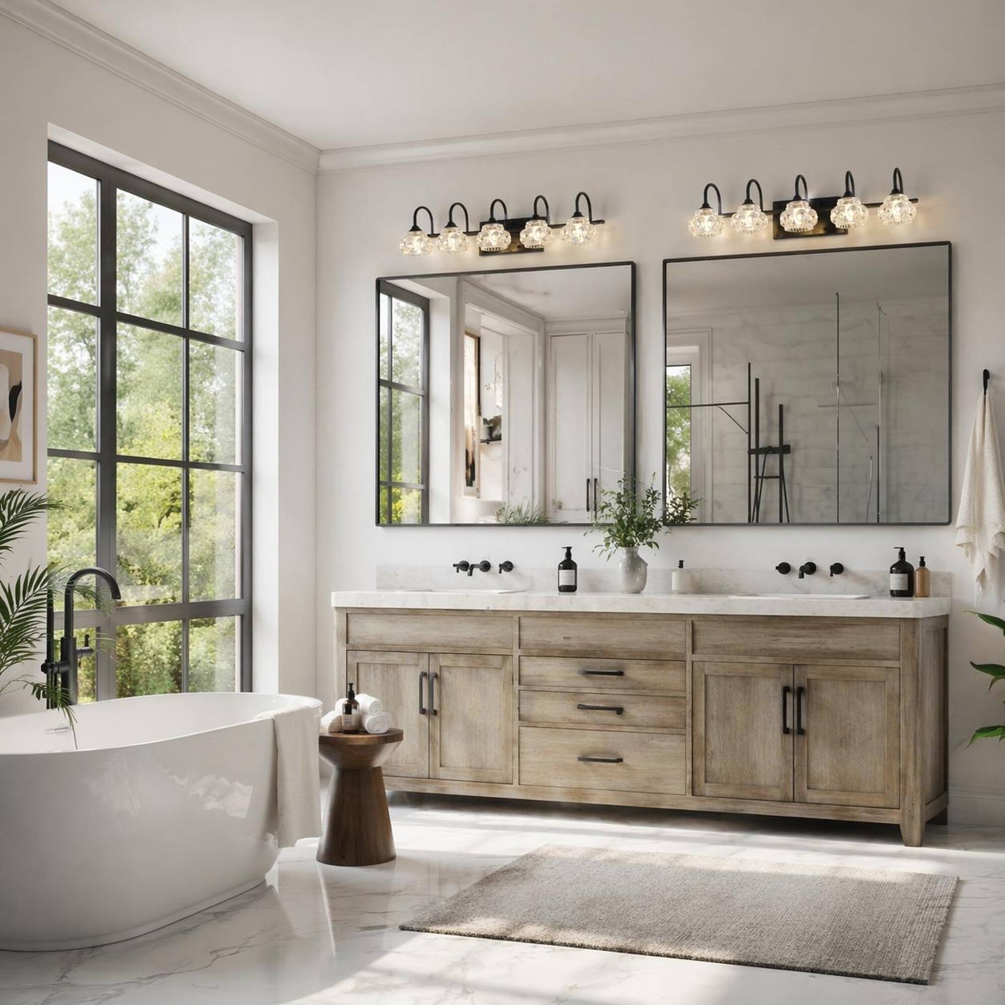 Back. RYHNUYNE - 29-Inch 5-Light Black Vanity Light with Crystal Shades for Bathroom, Powder Room, and Dressing Area – Wall-Mounted.