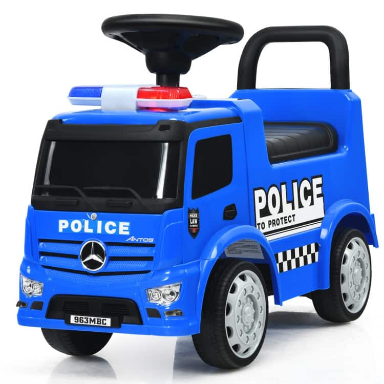 SlickBlue - Kids Ride-On Push Police Car with Steering Wheel and Under-Seat Storage - Blue