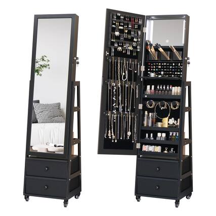Front. TECH SAFARI - Cabinet With Standing Mirror Lockable Full Length Drawers Organizer Armoire Wheels Floor Storage Shelves Fo - Black 63*16.