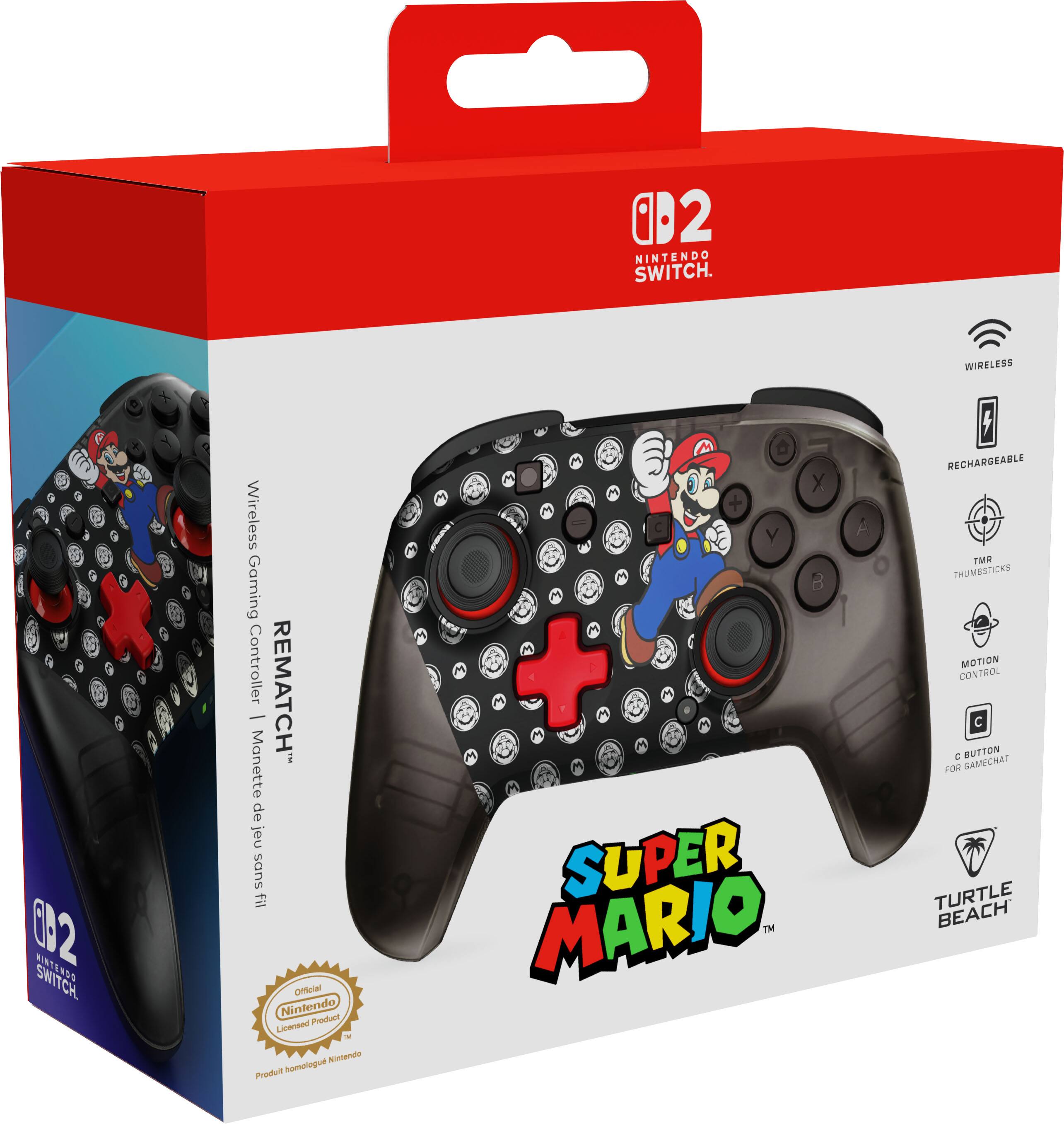12 NINTENDO SWITCH. WIRELESS 62 2 SWITCH. Wireless Gaming Controller REMATCH - Manette de jeu sans fil omce Nintendo Licented Product Nntendo Produit homologu y A y B SUPER MARIO TM RECHARGEABLE TM THUMESTICKS MOTION CONTROL C C BUTTON FOR SAMECHT TURTLE BEACH