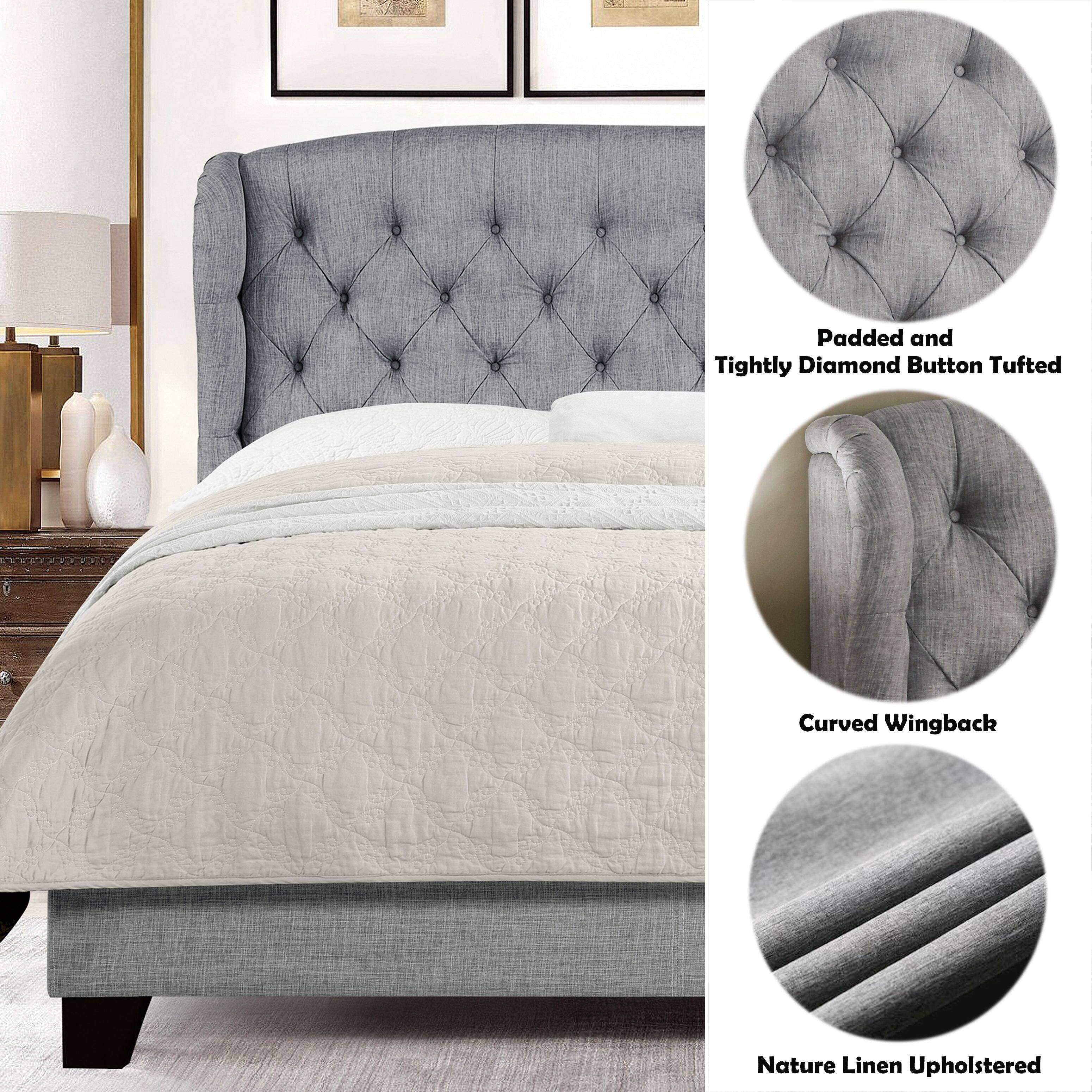 Padded and Tightly Diamond Button Tufted  
Curved Wingback  
Nature Linen Upholstered