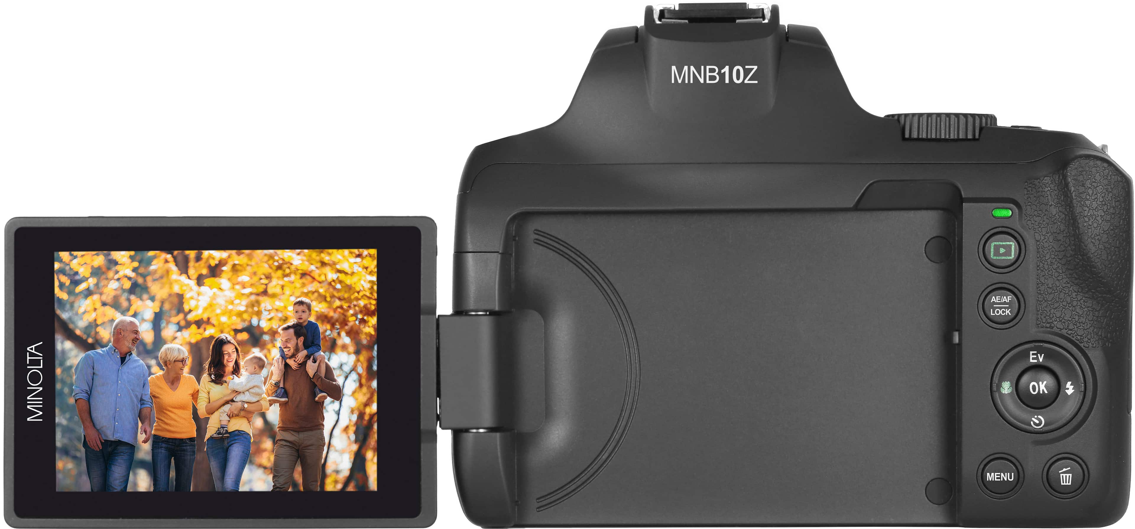 The image features a Minolta camera with a small screen attached to it. The camera is black and silver in color, and it is placed next to a tablet or a small screen. The camera is likely used for taking photos and recording videos, while the tablet or small screen may be used for displaying images or providing additional information. The camera is positioned in front of the tablet or screen, creating a visually appealing composition.