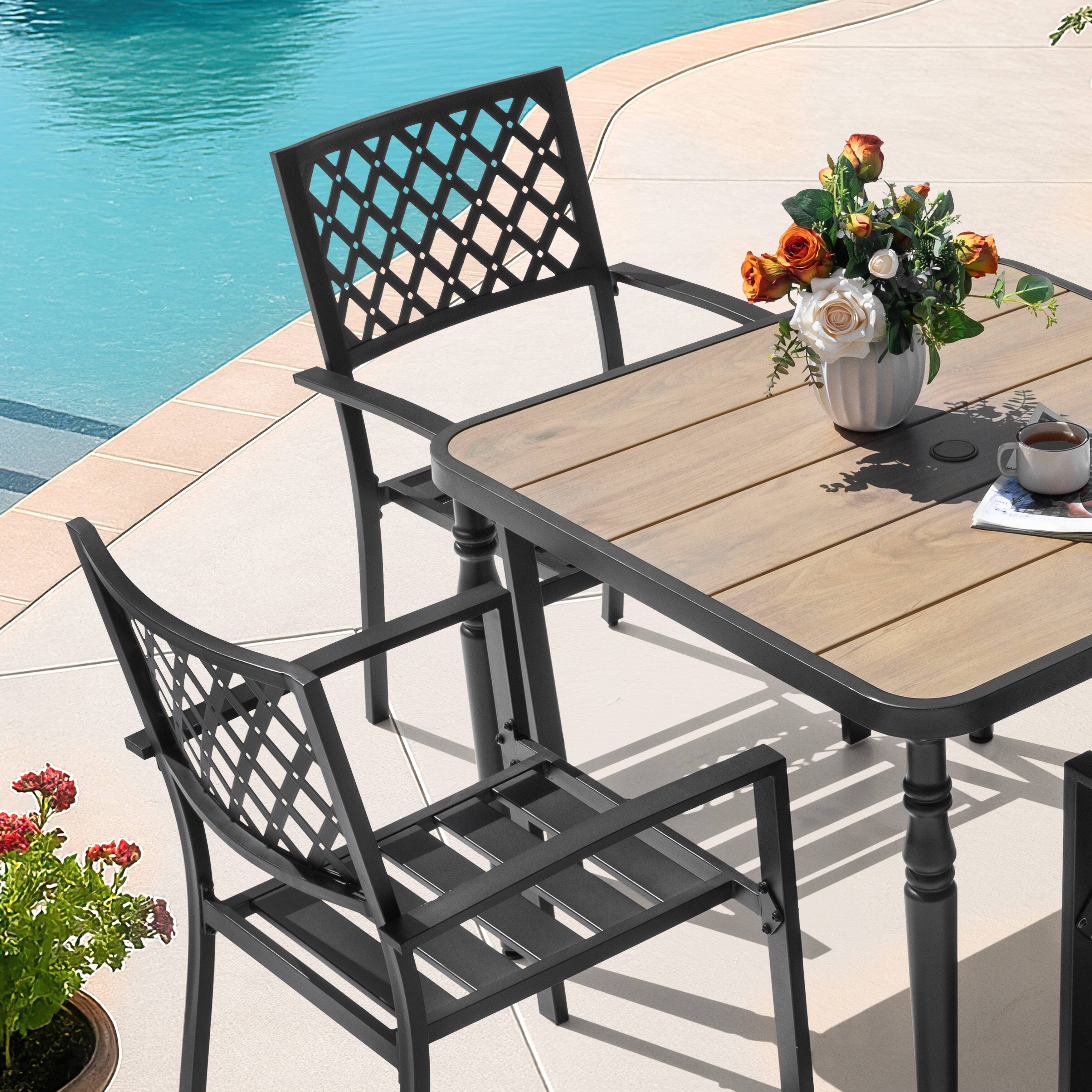 Back. Nuu Garden - 5PCS Patio Metal Dining Set with Wood-Grain Tabletop and Umbrella Hole - Black.
