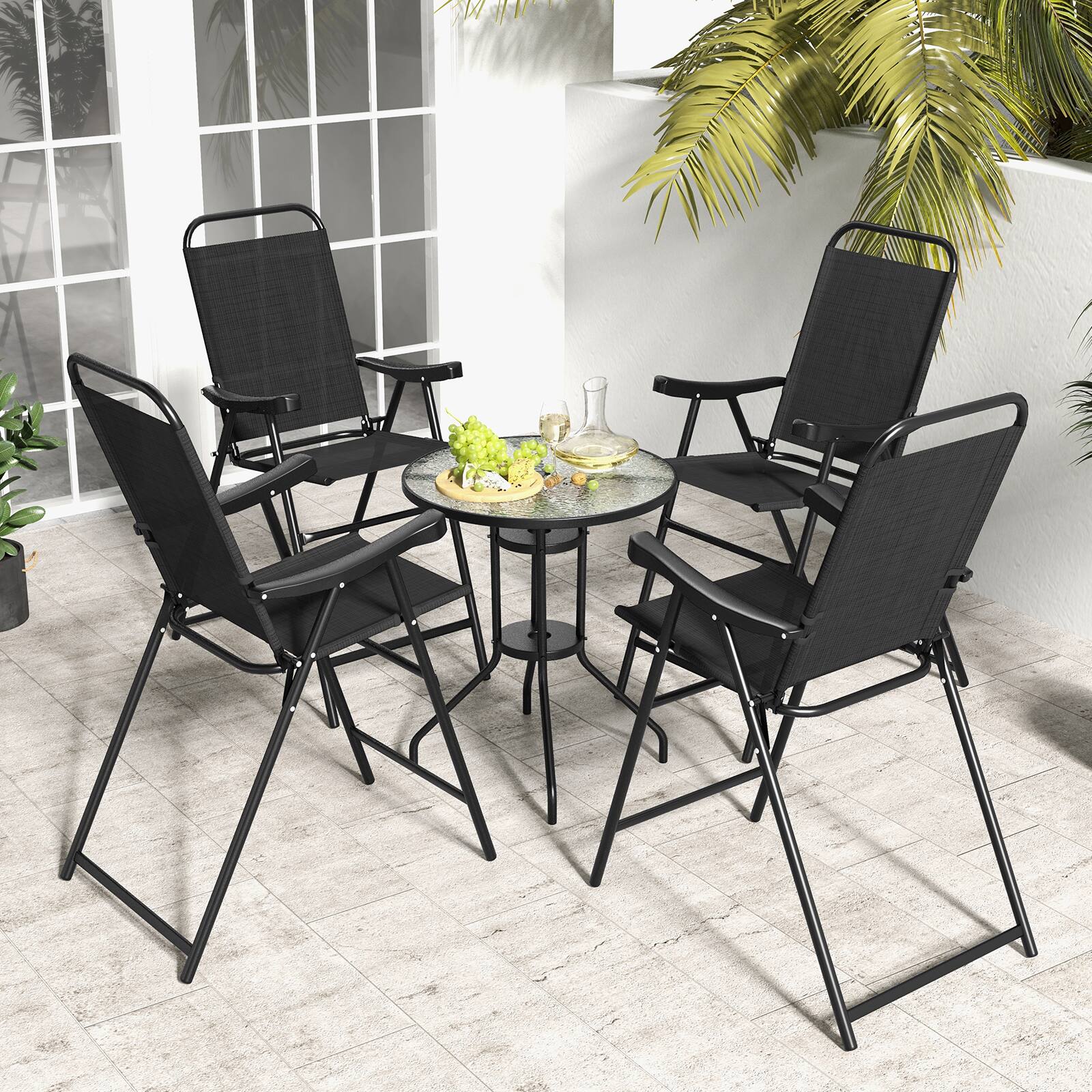 Alt View 3. Costway - Costway 2PCS Patio Bar Chair Folding Bar Height Metal Frame with Footrest Garden - Black.