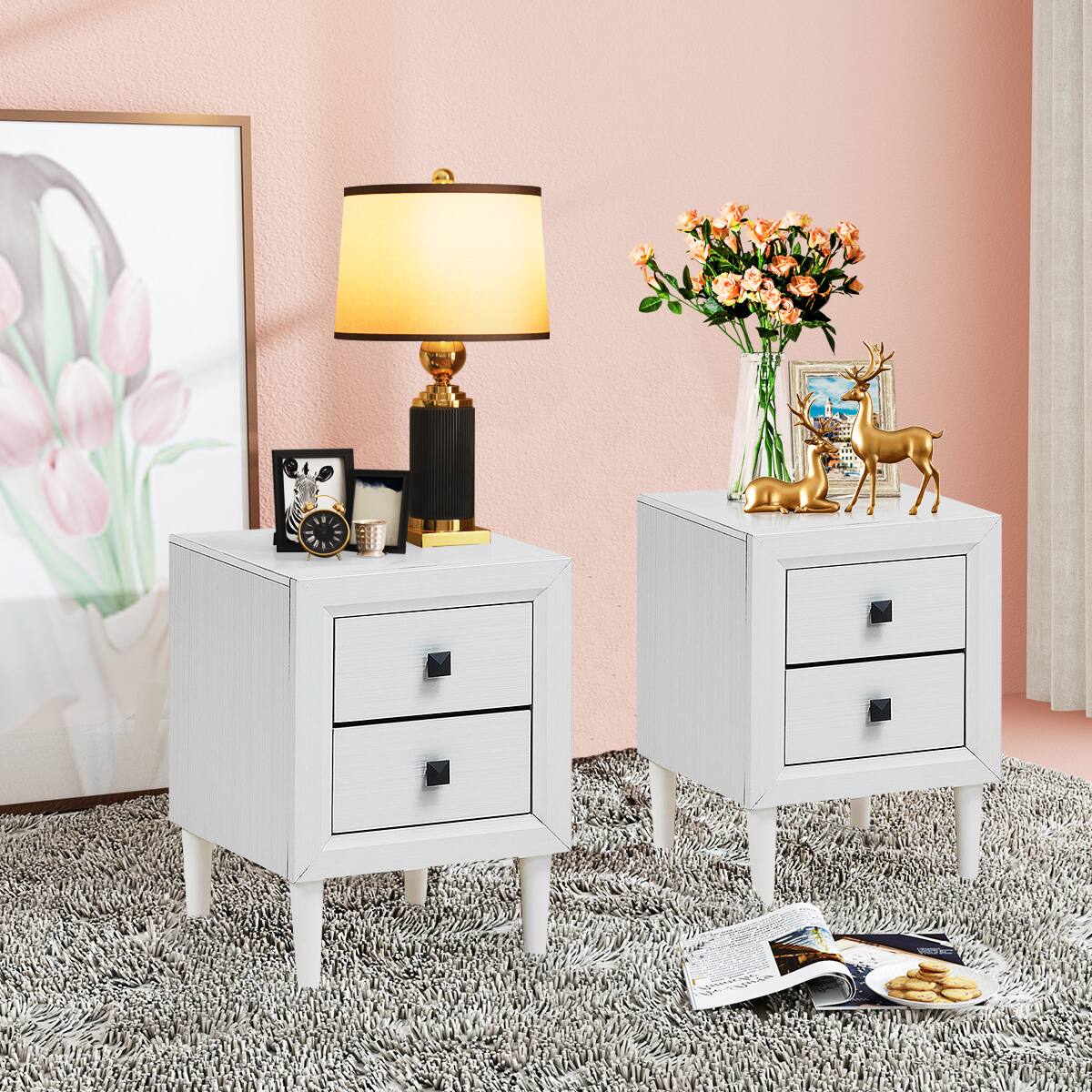 Alt View 13. Costway - Nightstand End Bedside Coffee Table Wooden Leg Storage Drawers - White.