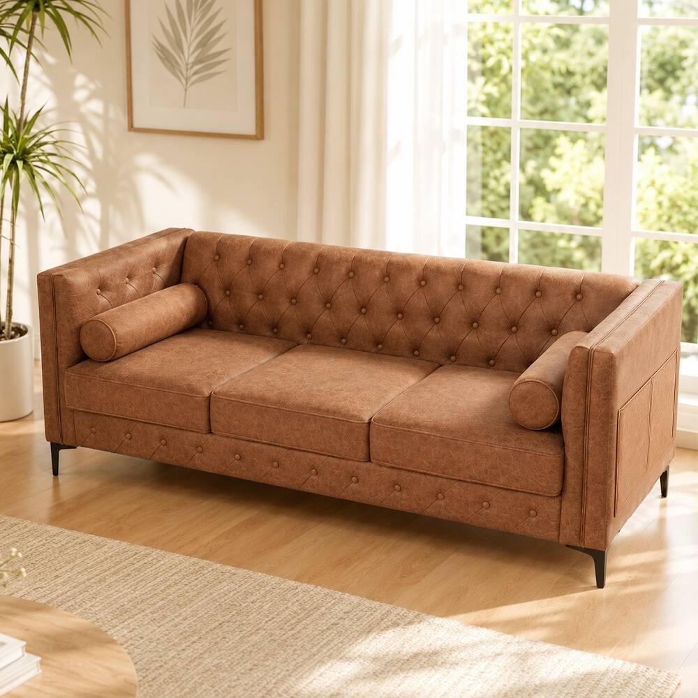 Alt View 10. Loheer - Loheer 78.5-Inch Brown Faux Leather Sofa, Mid-Century Modern 3-Seater Couch with Button Tufted Deep Seat - Brown.