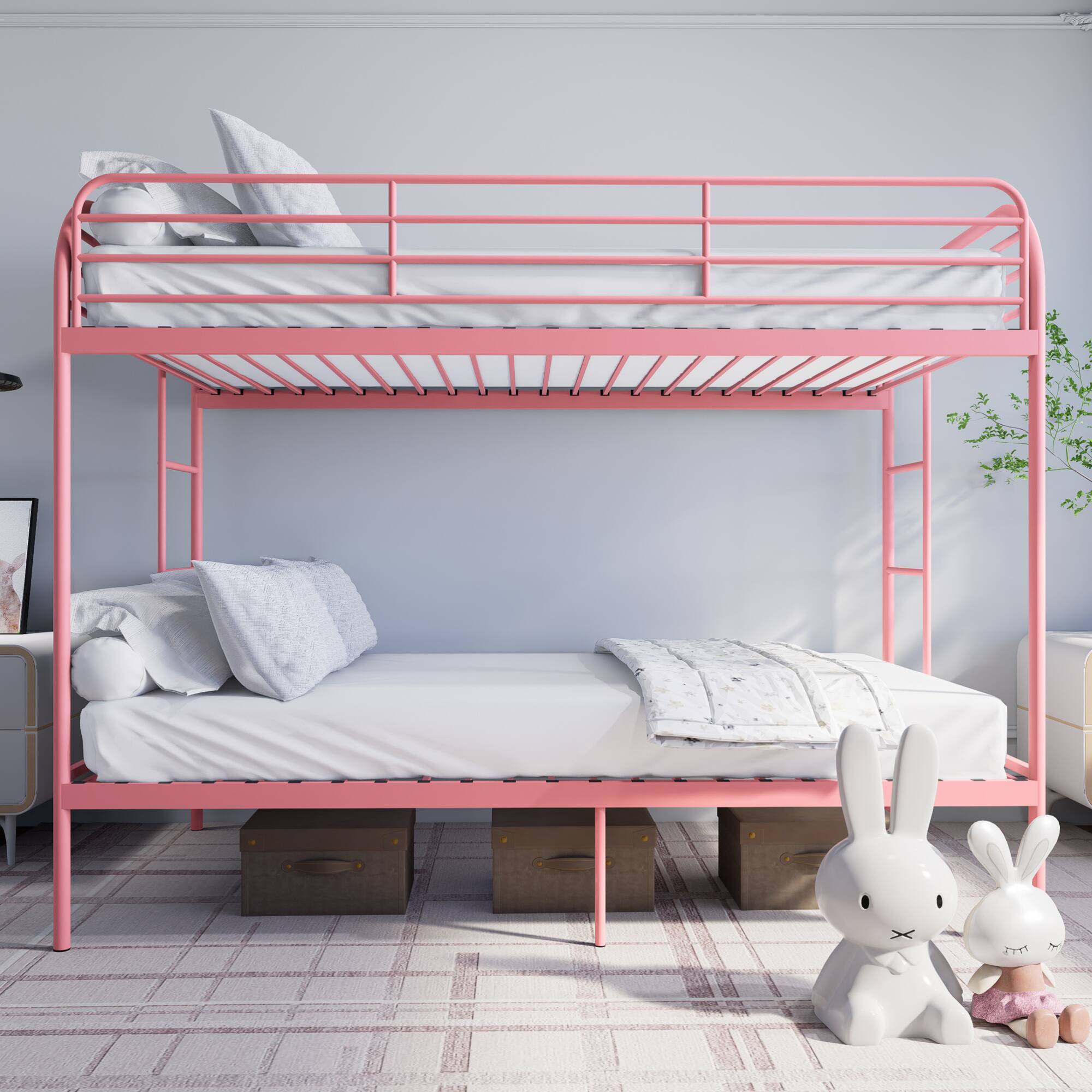 Angle. GOODSILO - Metal Twin Over Twin Bunk Bed with Dual Ladders and Full-Length Safety Rails, Space-Saving Design for Kids and Teens - Pink.