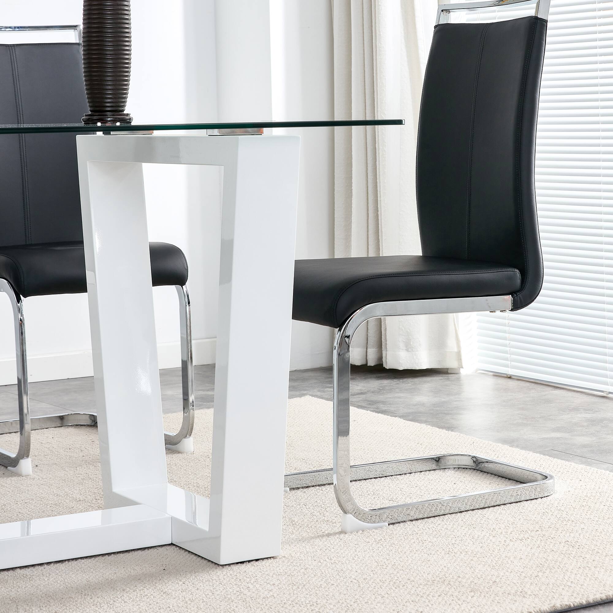 Alt View 6. Tiramisubest - Modern Minimalist Rectangular Dining Table for 6-8 with Tempered Glass Tabletop and white MDF Trapezoid Bracket - Transparent,White.