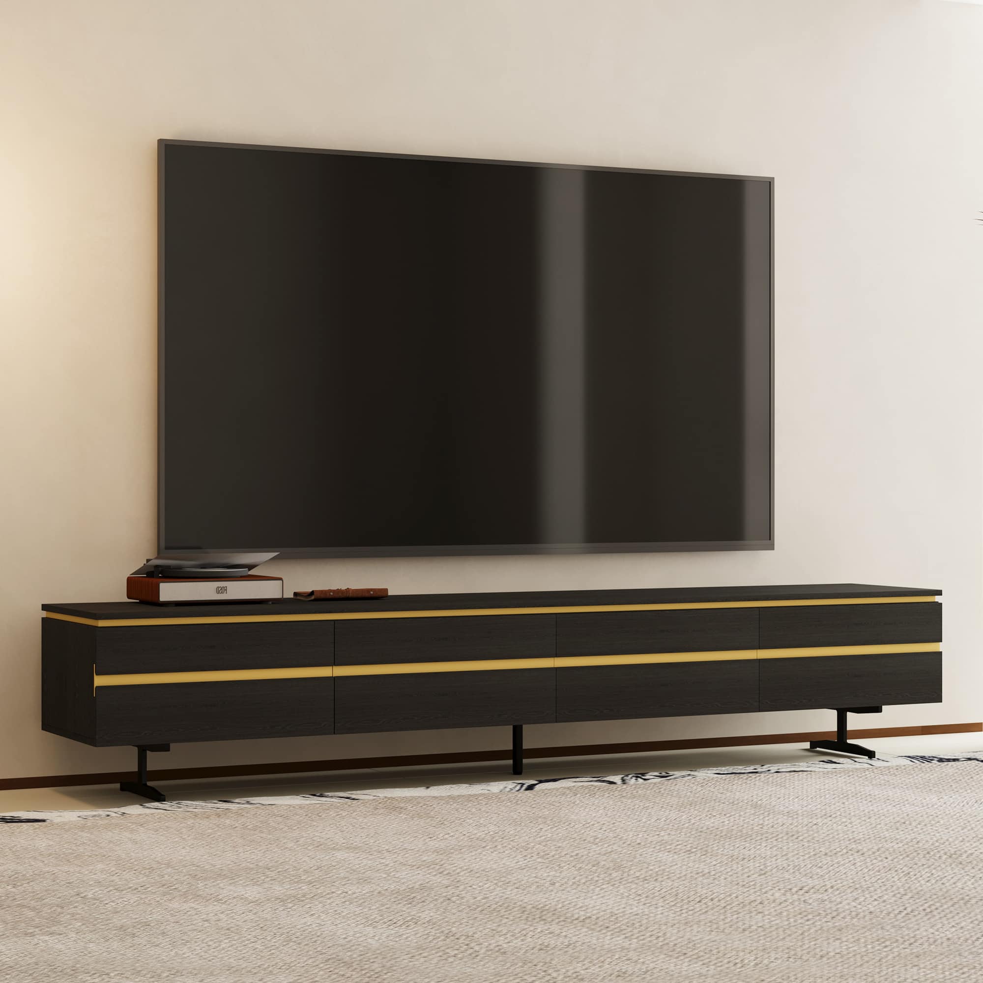 Front. luck idea - 86.61" Media Console TV Stand with Hidden Drawers, Enclosed Cabinets & Cable Management - Black.