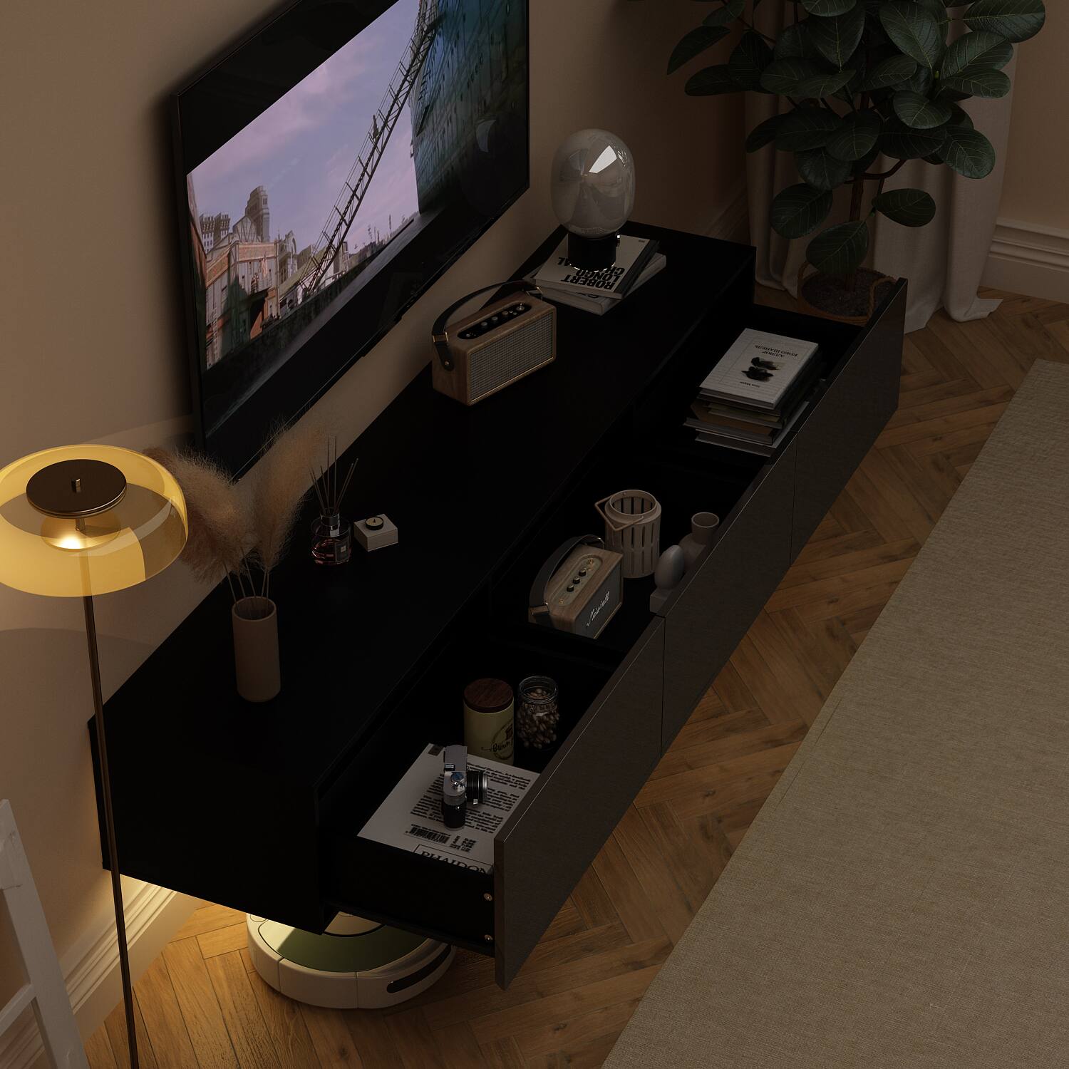 The text "75 FlEDR  ROBERT - 11" is not related to the image content. It is an unrelated piece of information that does not belong in the context of the image. The image features a black television stand with a flat screen TV on top, a lamp, and a small table with various items on it. The focus should be on these objects and their arrangement in the room.
