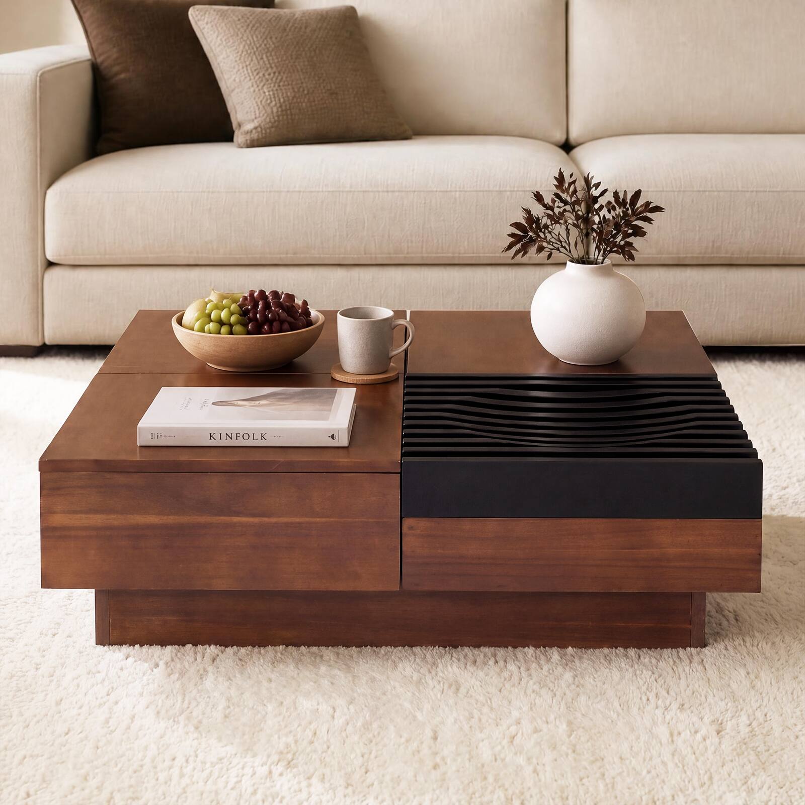 Alt View 4. Costway - Costway 32" Square Coffee Table with Storage Tray, Drawer, 2 Slide-open compartments - Walnut + Black.