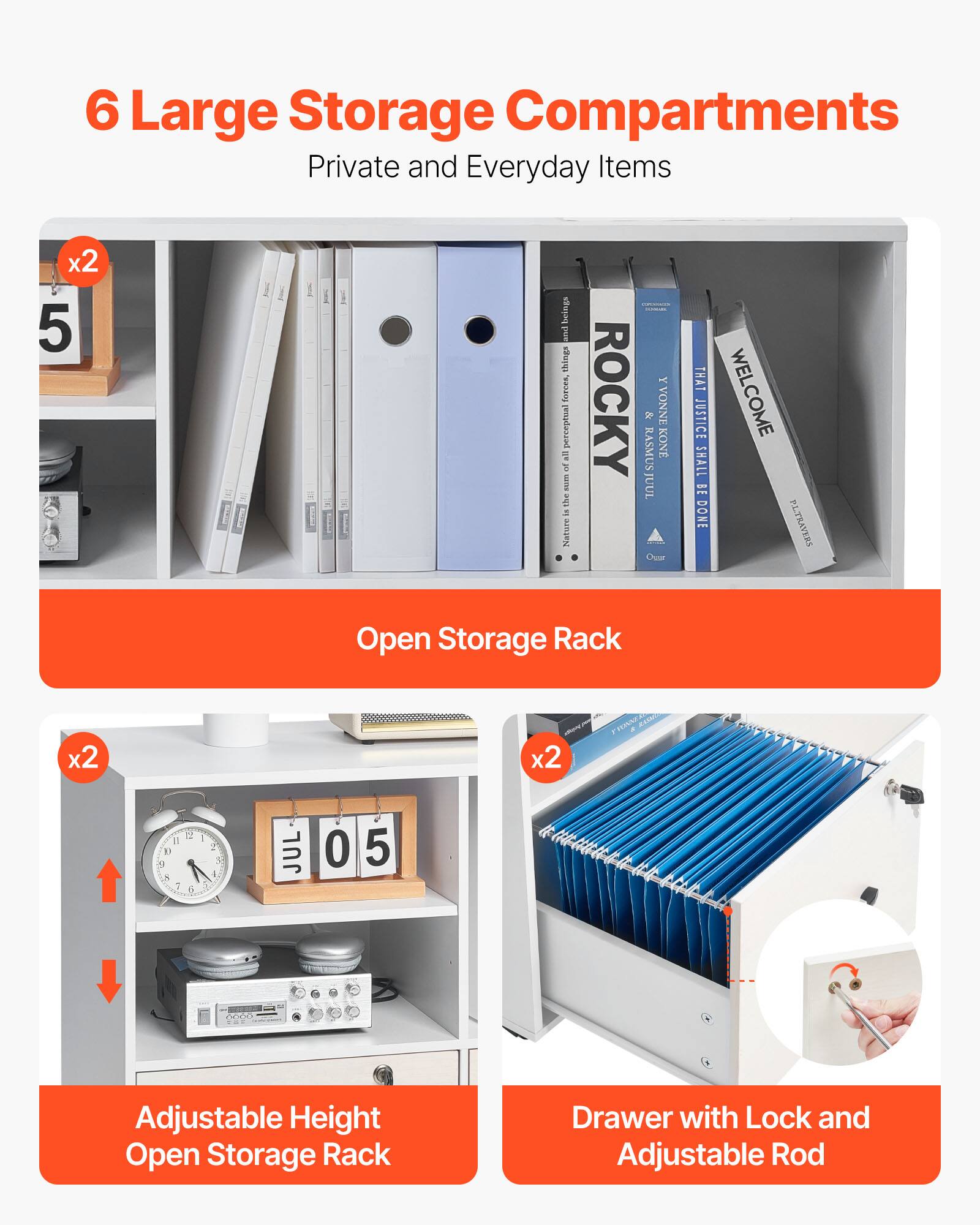 6 Large Storage Compartments  
Private and Everyday Items  

Open Storage Rack x2  

Adjustable Height Open Storage Rack  

Drawer with Lock and Adjustable Rod  

x2  

x2