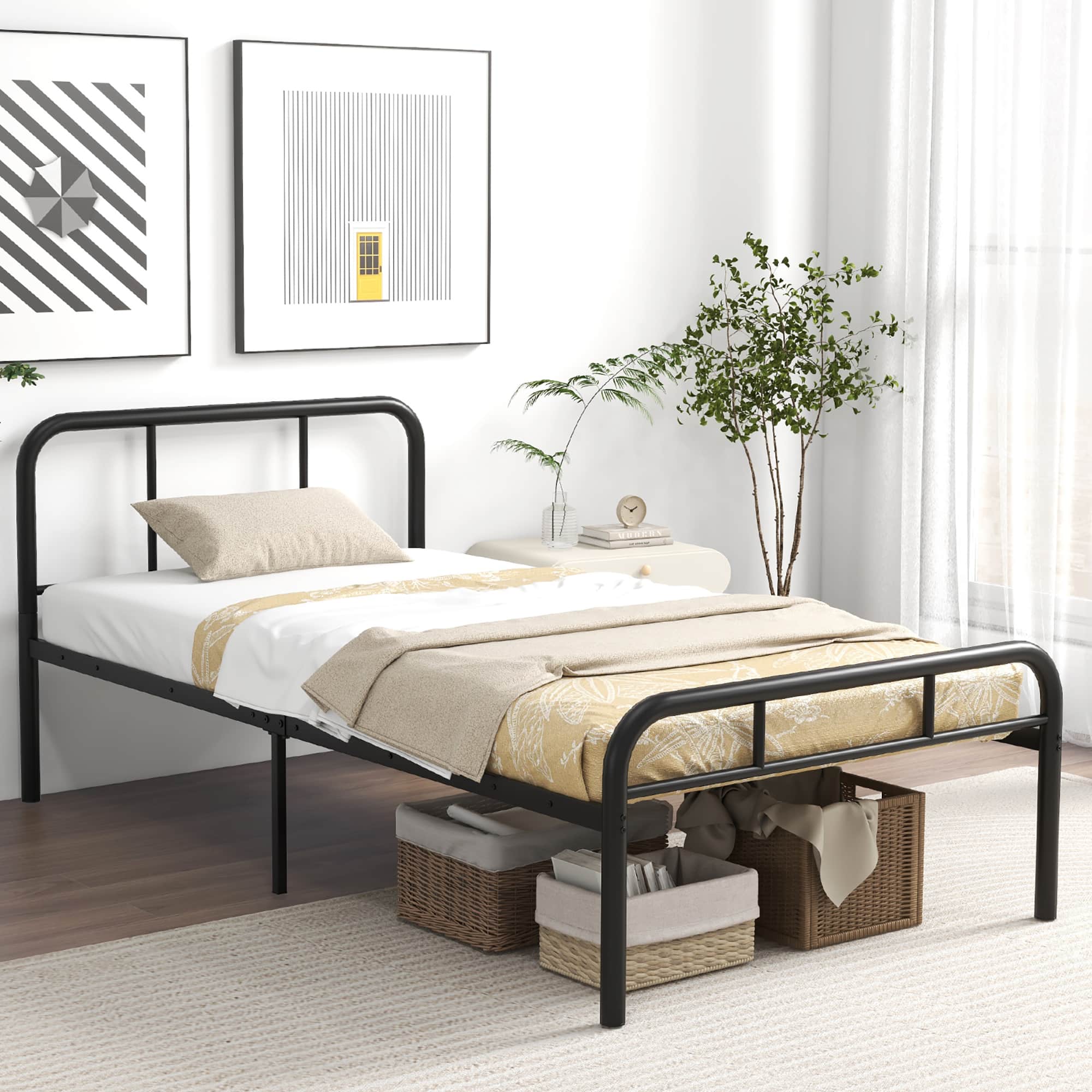 Gymax - Twin Bed Frame Metal Platform Bed Base w/ Headboard & Footboard Under Bed Storage - Black