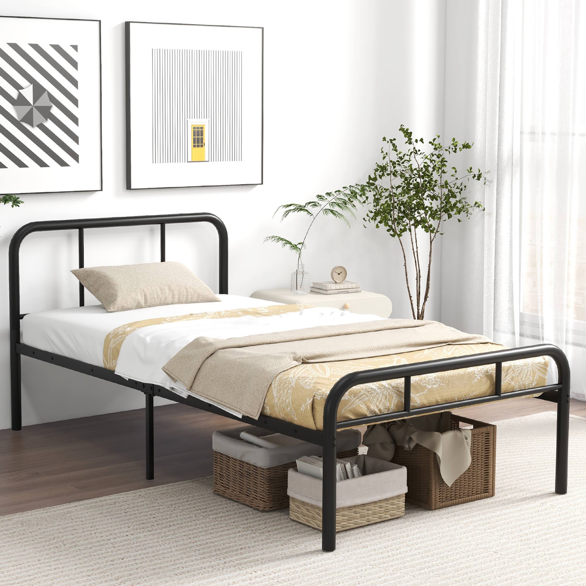 Gymax - Twin Bed Frame Metal Platform Bed Base w/ Headboard & Footboard Under Bed Storage - Black