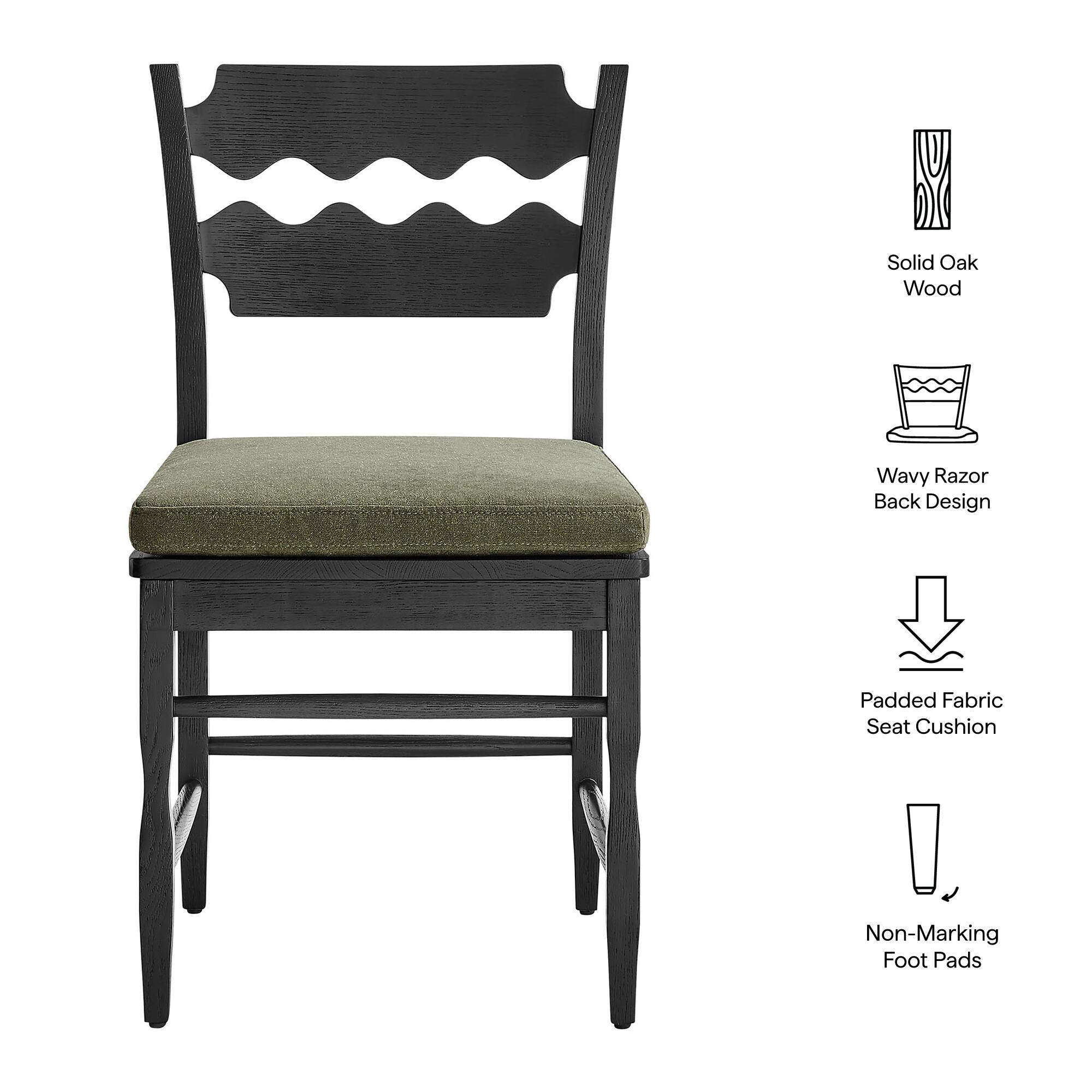 Solid Oak Wood Wavy Razor Back Design Padded Fabric Seat Cushion Non-Marking Foot Pads