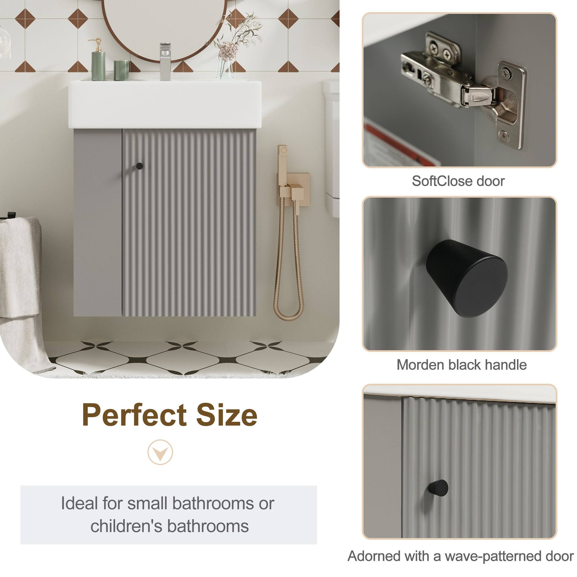 SoftClose door  
Morden black handle  
Perfect Size  
Ideal for small bathrooms or children's bathrooms  
Adorned with a wave-patterned door