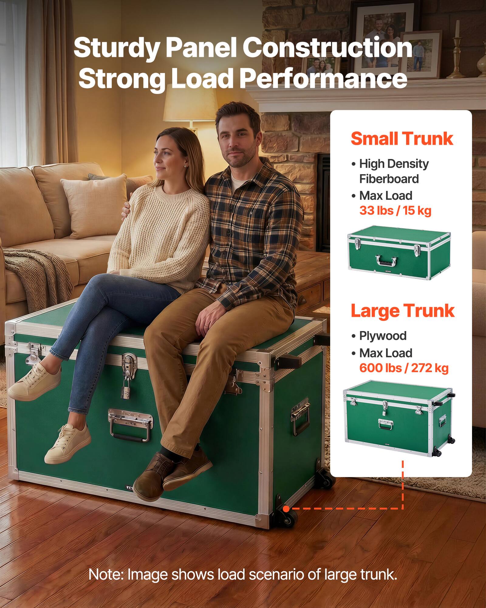 Sturdy Panel Construction  
Strong Load Performance  

Small Trunk  
- High Density Fiberboard  
- Max Load: 33 lbs / 15 kg  

Large Trunk  
- Plywood  
- Max Load: 600 lbs / 272 kg  

Note: Image shows load scenario of large trunk.