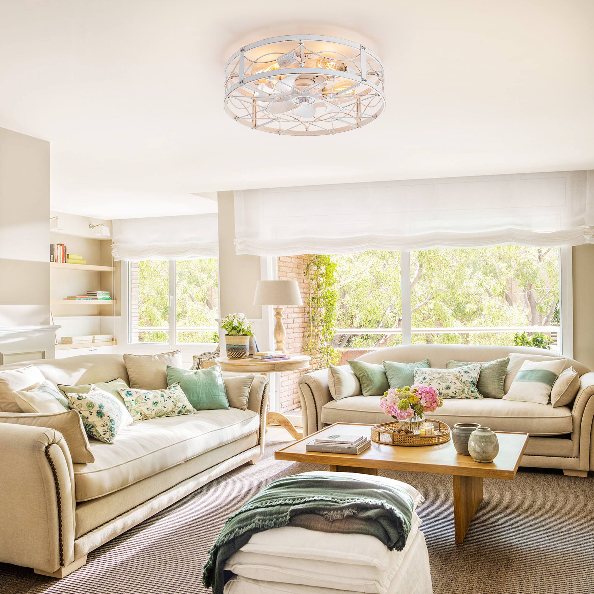 Alt View 2. Breezary - 20" Enclosed Cage Small Ceiling Fan with LED Light, Remote, 7 ABS Blades, 6 Speeds, Flush Mount, E26 Compatible - Distressed White and Gold.