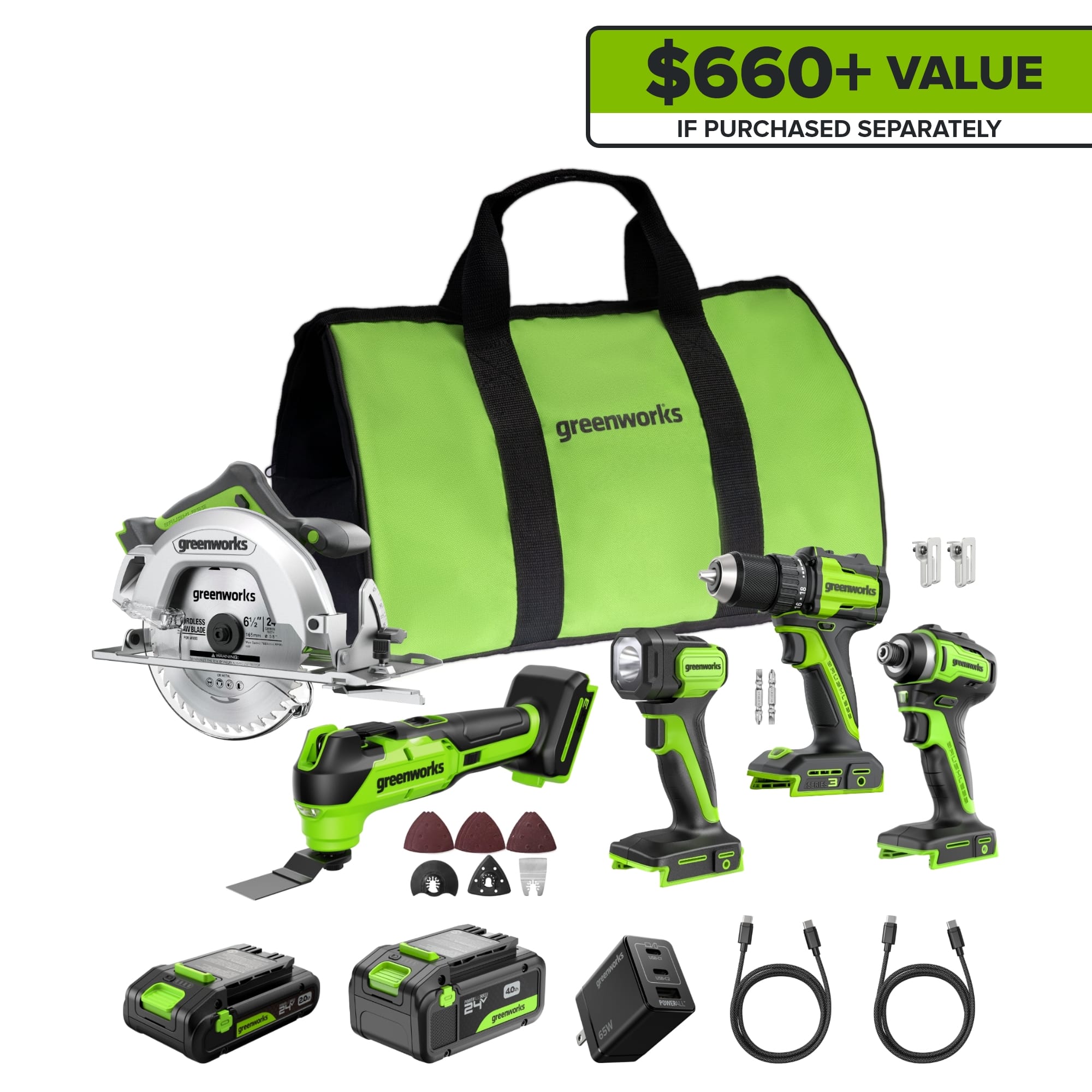 Greenworks - 24V 5pcs Combo, Drill/Driver+Impact Driver+Circular Saw+Oscillating Tool+Flashlight - Green