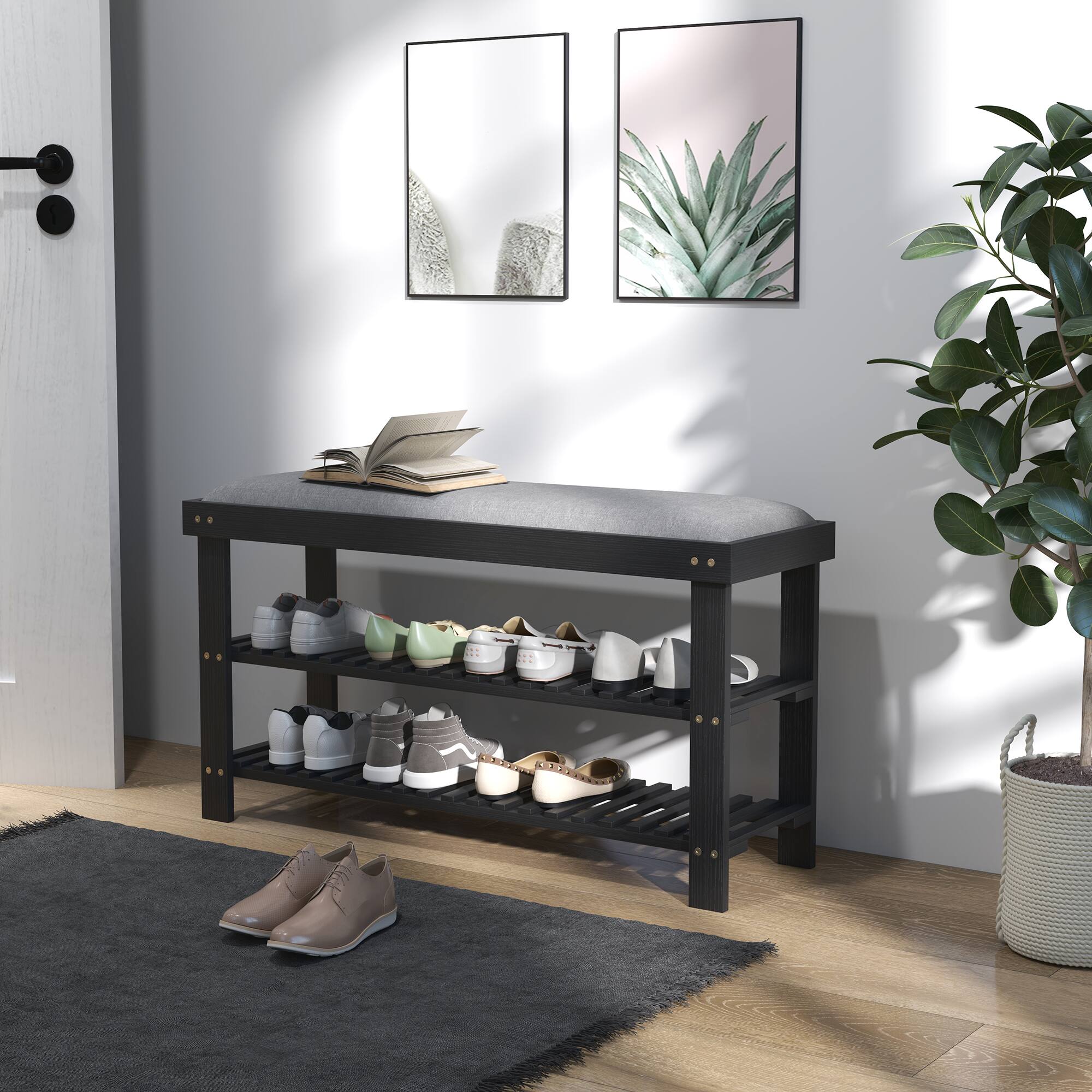 Alt View 7. Homcom - Bamboo Shoe Bench, 3-Tier Entryway Bench with Storage and Cushion, Shoe Organizer for Entryway, Hallway - Black.