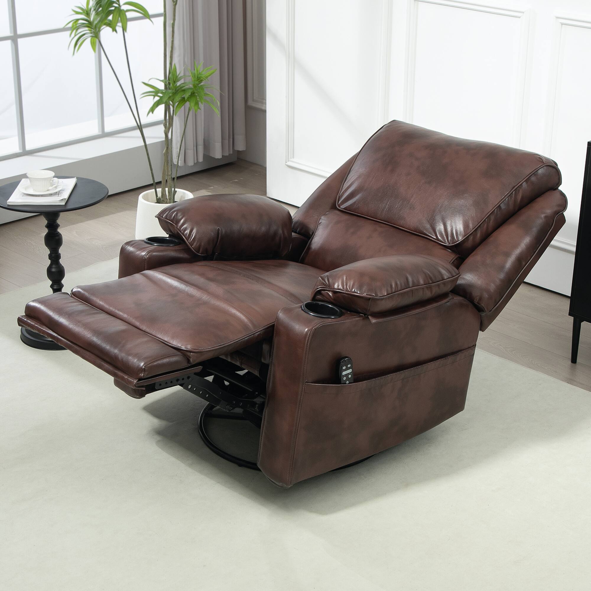 Alt View 8. Homcom - Swivel Rocker: PU Manual Recliner w/Massage+Heat, Oversized Sofa w/Footrest & Cup Holders - Brown.