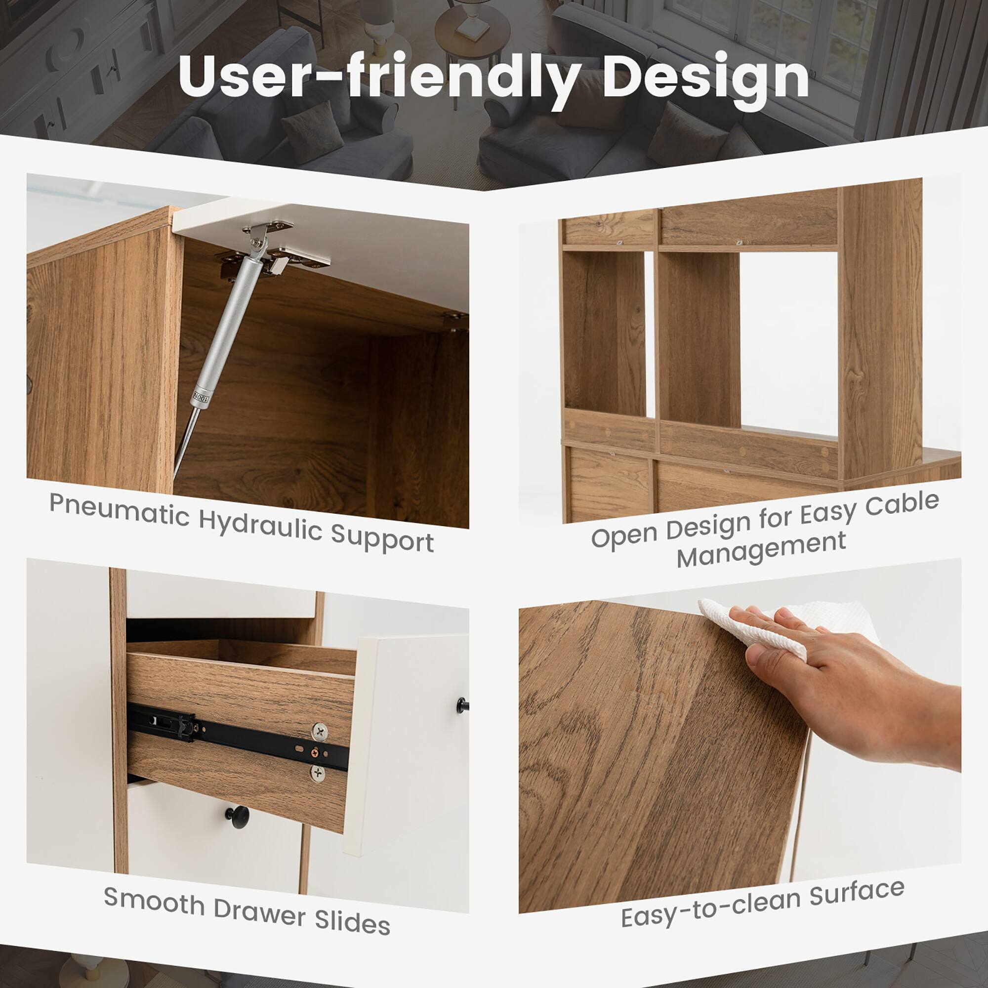 User-friendly Design, Pneumatic Hydraulic Support, Smooth Drawer Slides, Open Design for Easy Cable Management, Easy-to-clean Surface