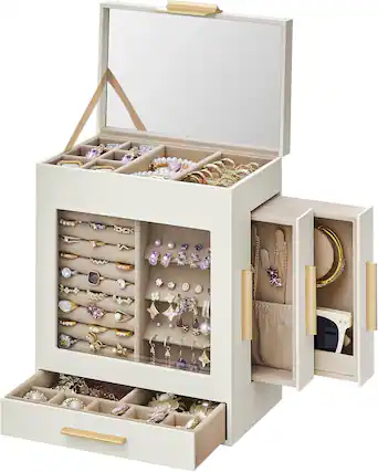 Front. Stamp n Camp - SONGMICS Jewelry Box with Glass Window, 5-Layer Jewelry Organizer with 3 Side Drawers, Jewelry Storage, with Big Mirr... - Cloud White + Metallic Gold-5.1"D x 7.9"W x 9.7"H.