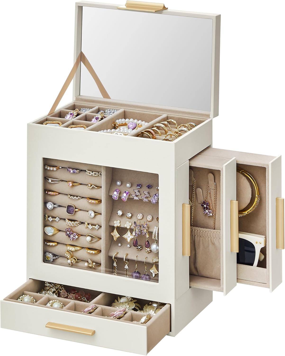 Front. Stamp n Camp - SONGMICS Jewelry Box with Glass Window, 5-Layer Jewelry Organizer with 3 Side Drawers, Jewelry Storage, with Big Mirr... - Cloud White + Metallic Gold-5.1"D x 7.9"W x 9.7"H.