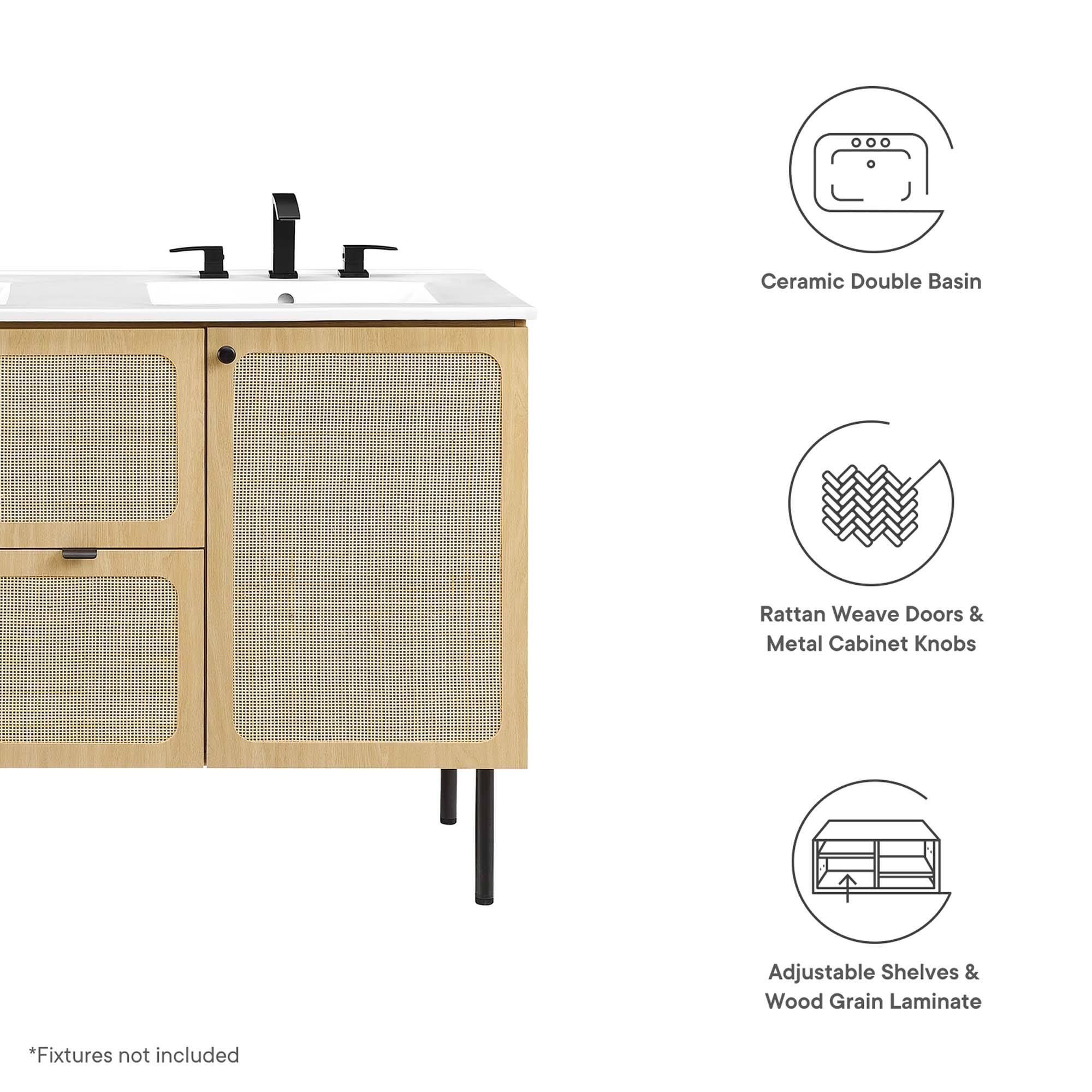 Ceramic Double Basin  
Rattan Weave Doors & Metal Cabinet Knobs  
Adjustable Shelves & Wood Grain Laminate  

*Fixtures not included