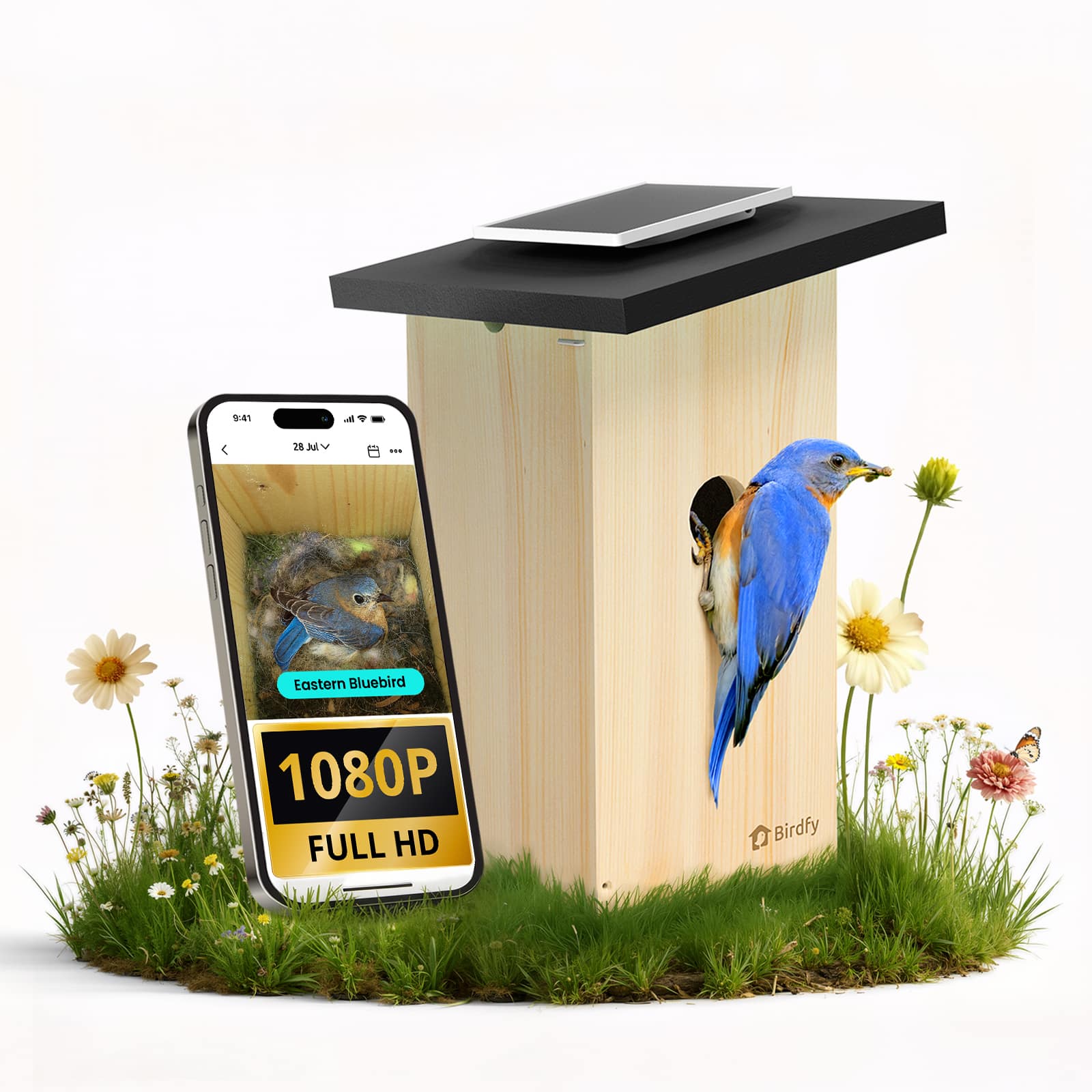 BIRDFY - Smart Bird House Camera Ebony, AI Bird ID(7-Day Free Trial), Solar Panel, Gift for Bird Lovers&Outdoor Birdwatching - Natural Wood Finish & Black