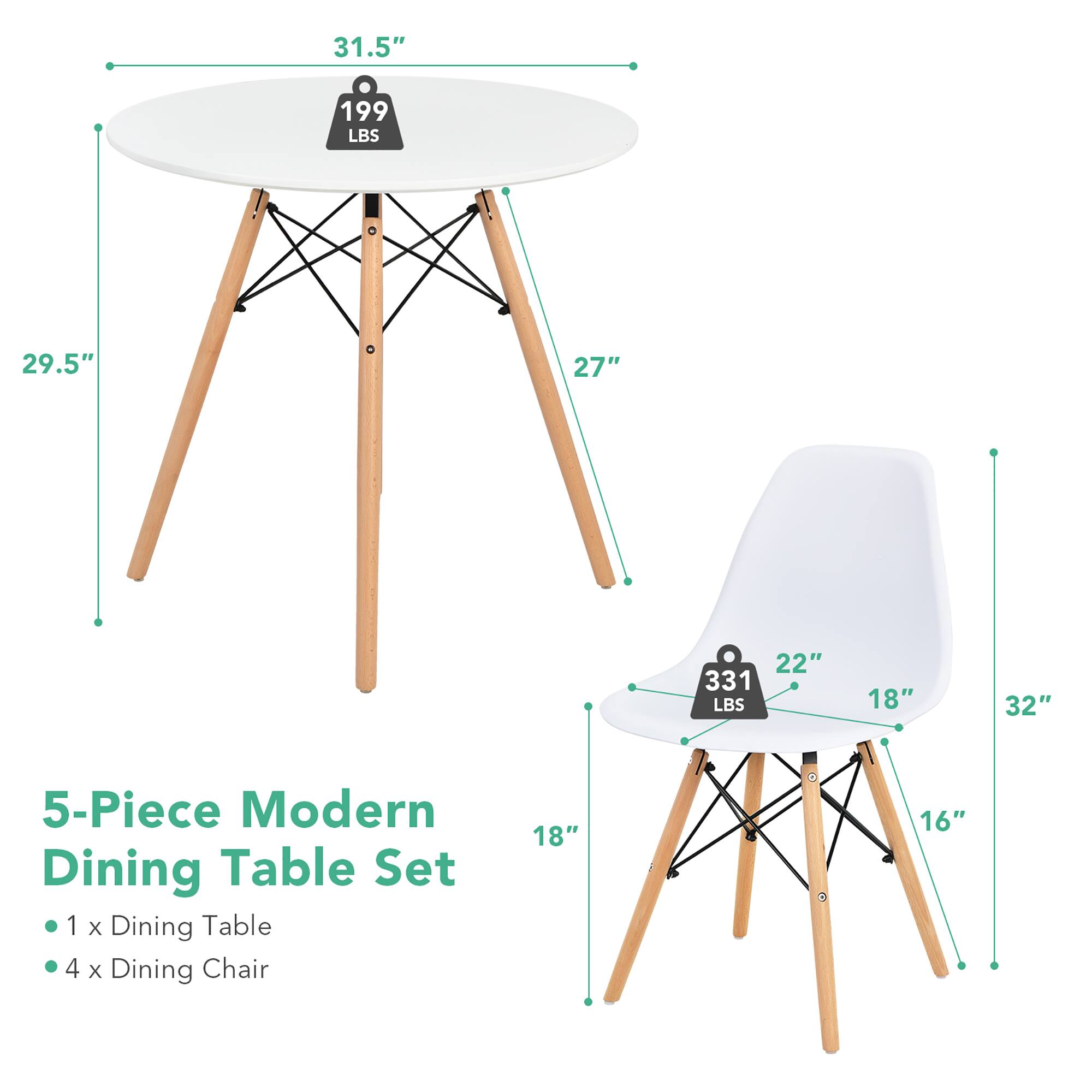 The text on the image is grouped and corrected as follows:

31.5" 199 LBS 29.5" 27" 22" 331 LBS 18" 32" 5-Piece Modern Dining Table Set 1 x Dining Table 4 x Dining Chair 18" 16"

This text describes a 5-piece modern dining table set, which includes a dining table and four dining chairs. The table measures 31.5" in diameter, and the chairs are 29.5" high. The set weighs 331 pounds, and the chairs have a height of 22".