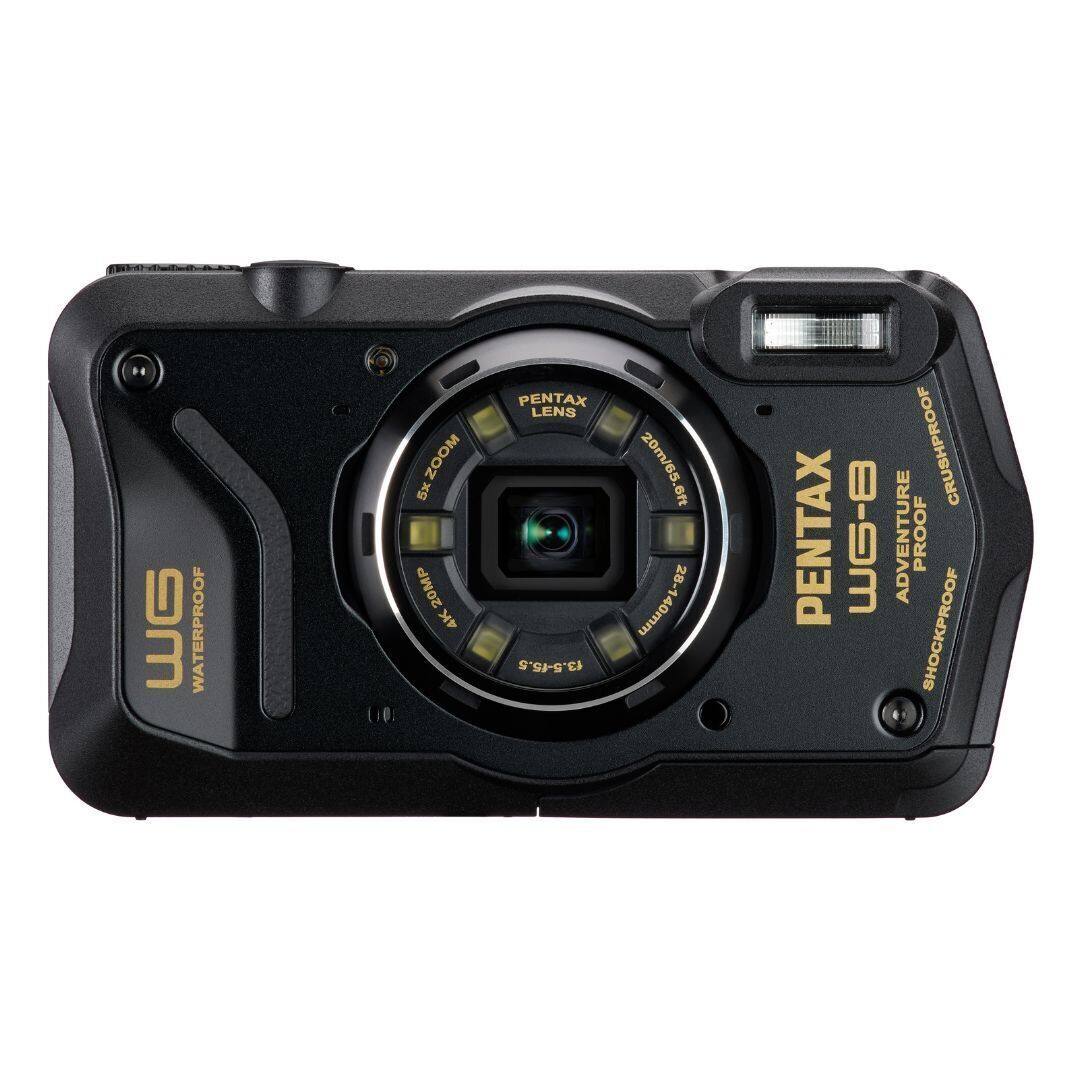 The image features a black camera with a Pentax lens. The camera is waterproof and shockproof, making it suitable for adventure and outdoor activities. It has a 20-megapixel sensor and a 4K video capability. The camera also has a 10x zoom lens, which provides a focal length range of 28-140mm. The camera is designed to be crushproof, ensuring its durability and reliability in various conditions.