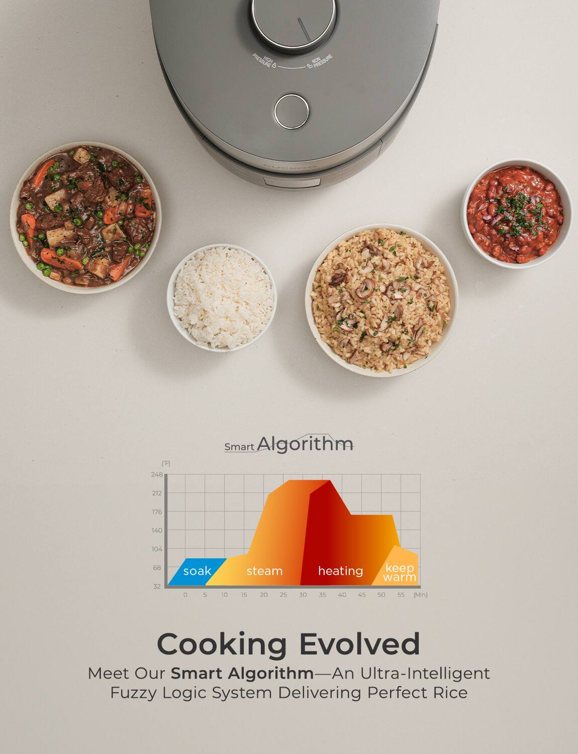 **Smart Algorithm**

- soak
- steam
- heating
- keep warm

**Cooking Evolved**

Meet Our Smart Algorithm—An Ultra-Intelligent Fuzzy Logic System Delivering Perfect Rice