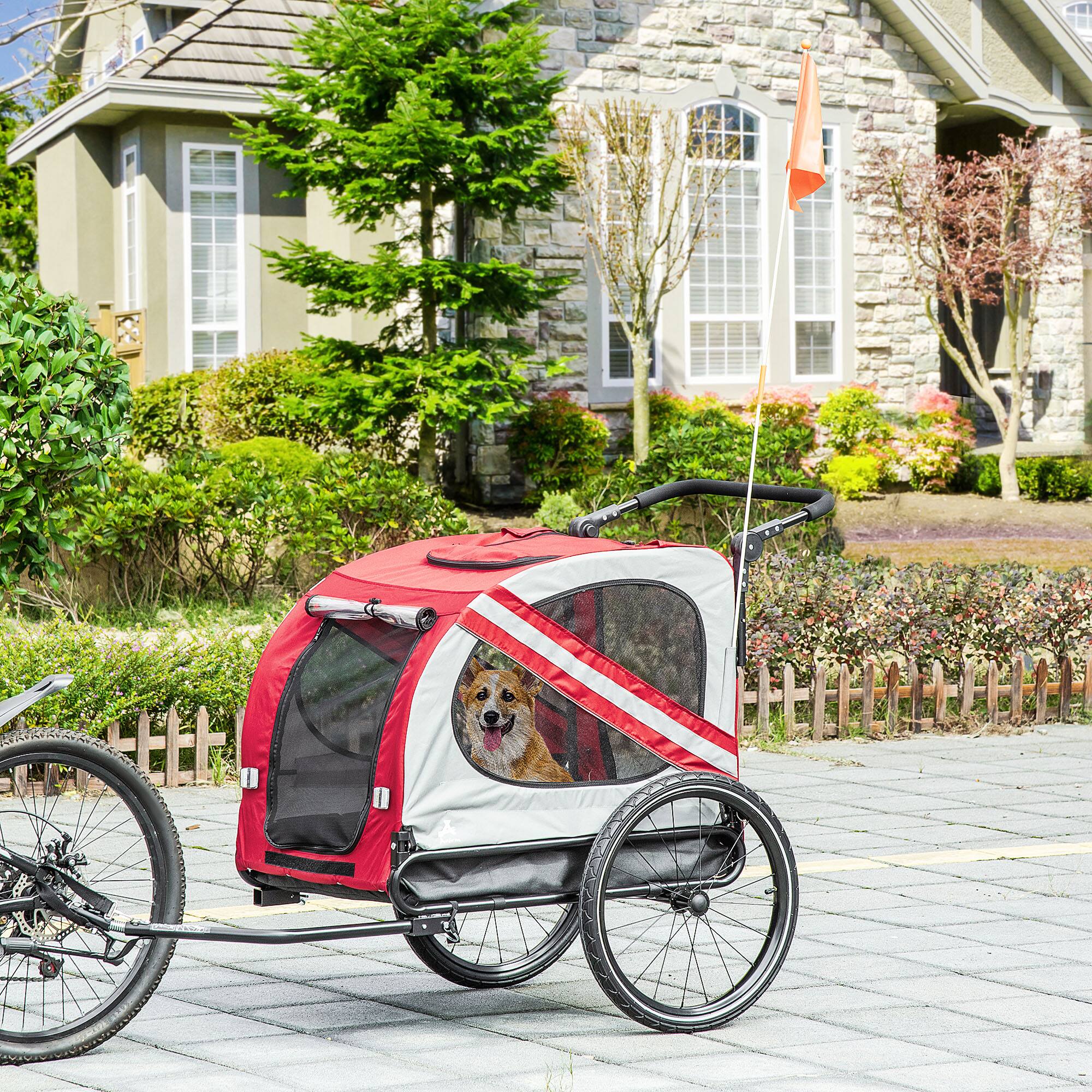 Angle. Aosom - 2-in-1 Pet Bike Trailer for Small Dogs, Road-Visibility Dog Stroller Bicycle Carrier, Weather-Strong Bike Wagon Sidecar.