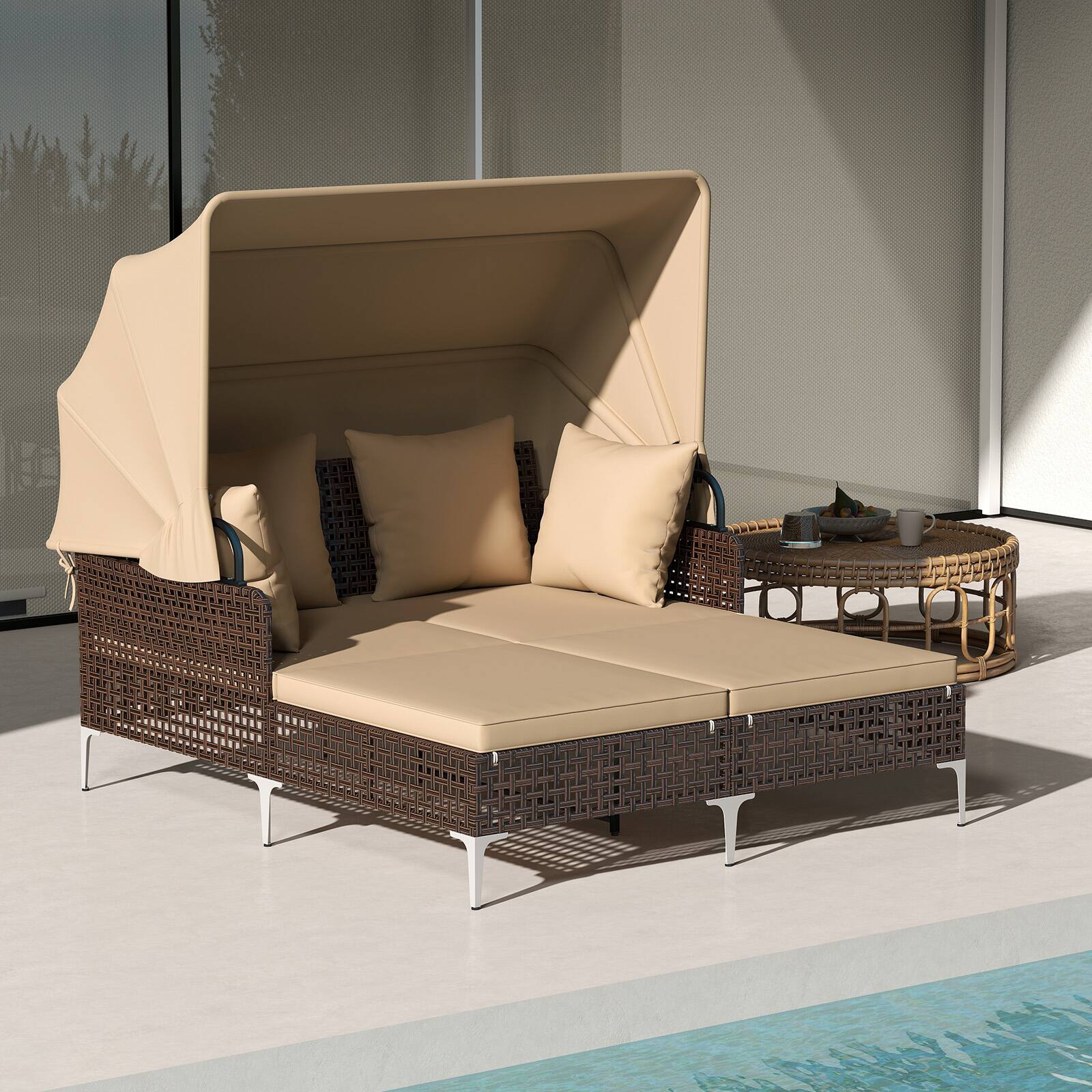 Alt View 1. Gymax - Gymax Outdoor Daybed w/ Retractable Canopy PE Wicker Rattan Patio Double Chaise Lounger Brown - Beige.