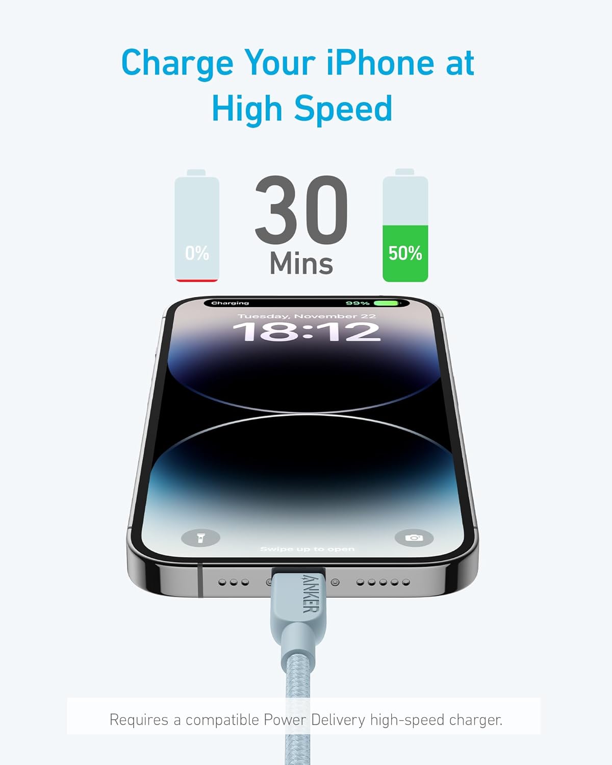 Charge Your iPhone at High Speed

30 Mins
0% → 50%

November 22 18:12

Swipe up to open

Requires a compatible Power Delivery high-speed charger.