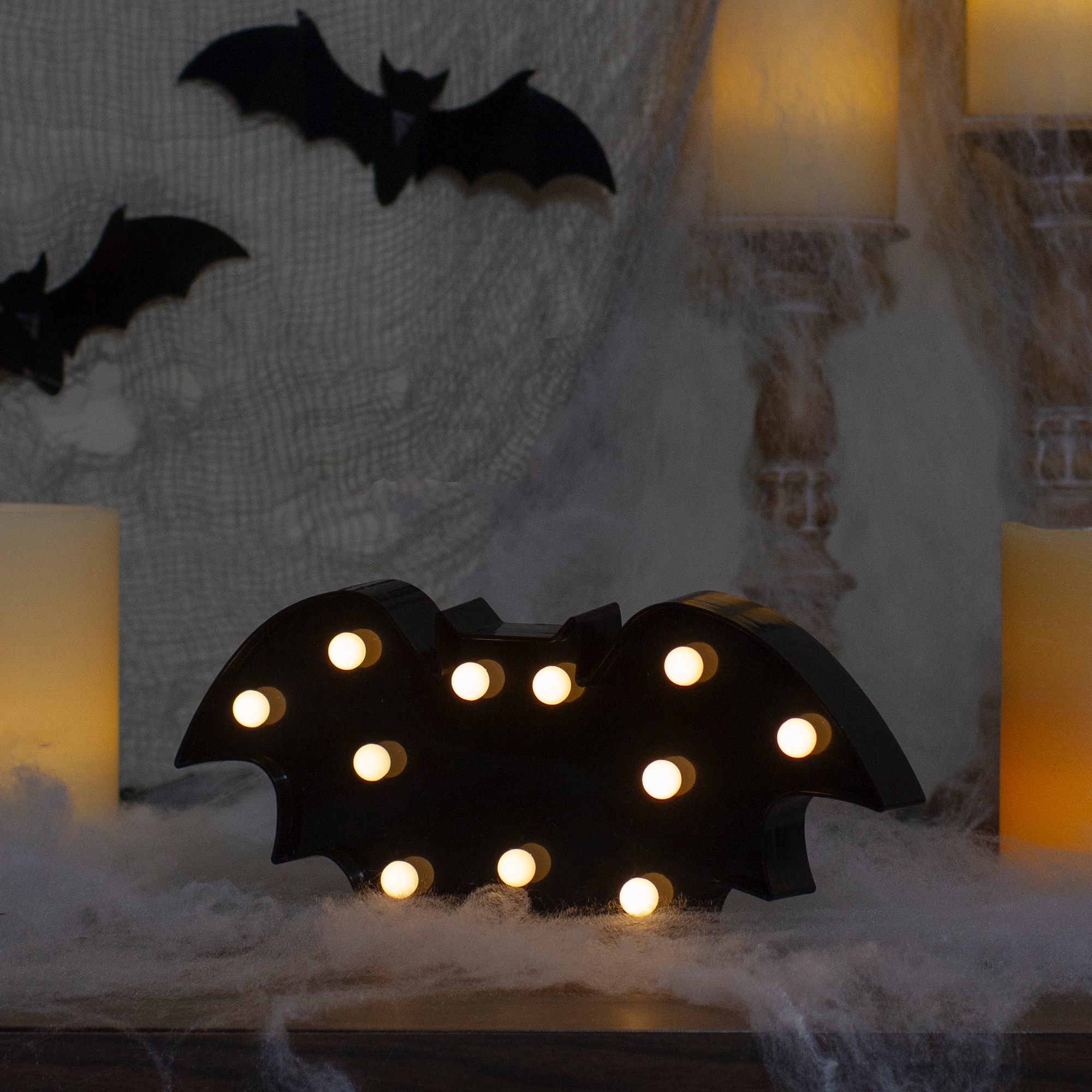 Northlight - LED Lighted Bat Halloween Marquee Sign - 12" Warm White Lights - Black