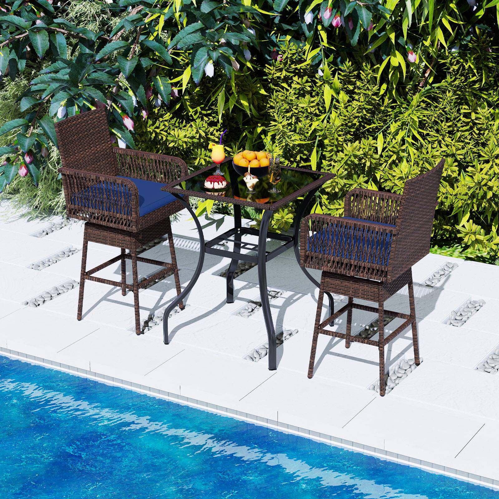 Alt View 1. Costway - Costway 1 PCS 29" Patio 360° Swivel Bar Stool with Cross-Woven Armrests Footrest & Seat Cushion - Navy.